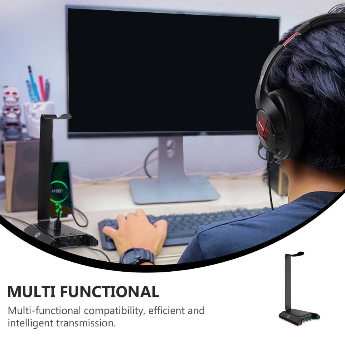 Amosfun Supporto Cuffie Gaming da Tavolo in Abs Nero Luce Rgb | Computer Desktop e Chiavetta Usb, Struttura Verticale Portatile, Accessorio per Gamer