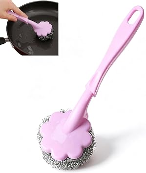 Dish Brush, 2 Pack Dish Scrubber with Handle Kitchen Dishwashing Brushes Scrub Brush with Steel Wire Balls for Cleaning Pots