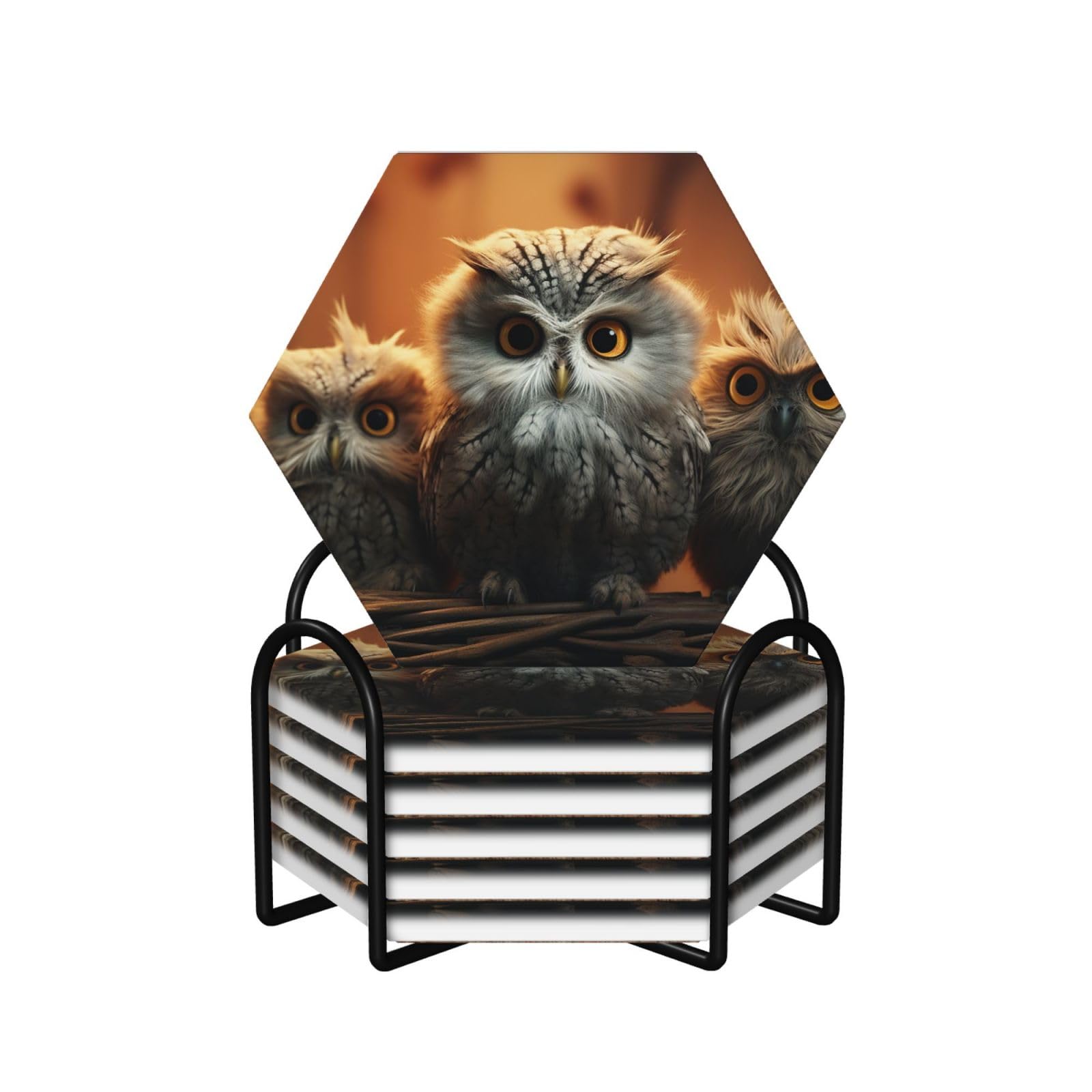 6Pcs Ceramics Coaster for Drinks, Cute Owl Baby Cup Coasters with Holder, Aesthetic Drink Coasters for Coffee Table, Absorbent Round Coaster for Tabletop Protection 4" Cup Mat Pad
