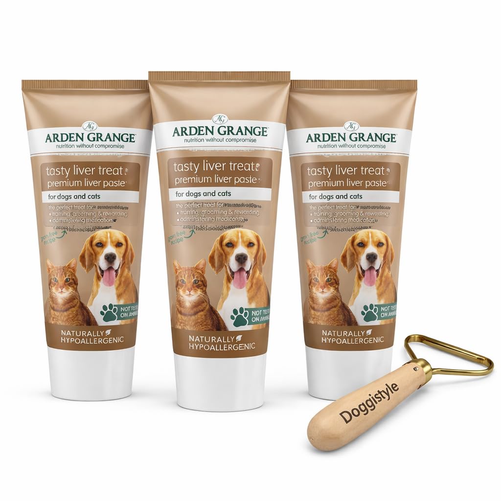 Doggistyle Arden Grange Tasty Liver Treat Paste 3 Pack for Dogs & Cats + Pet Hair Remover Bundle - Dog Training Treat, Cat Treat, Medication Aid & Fur Removal Tool