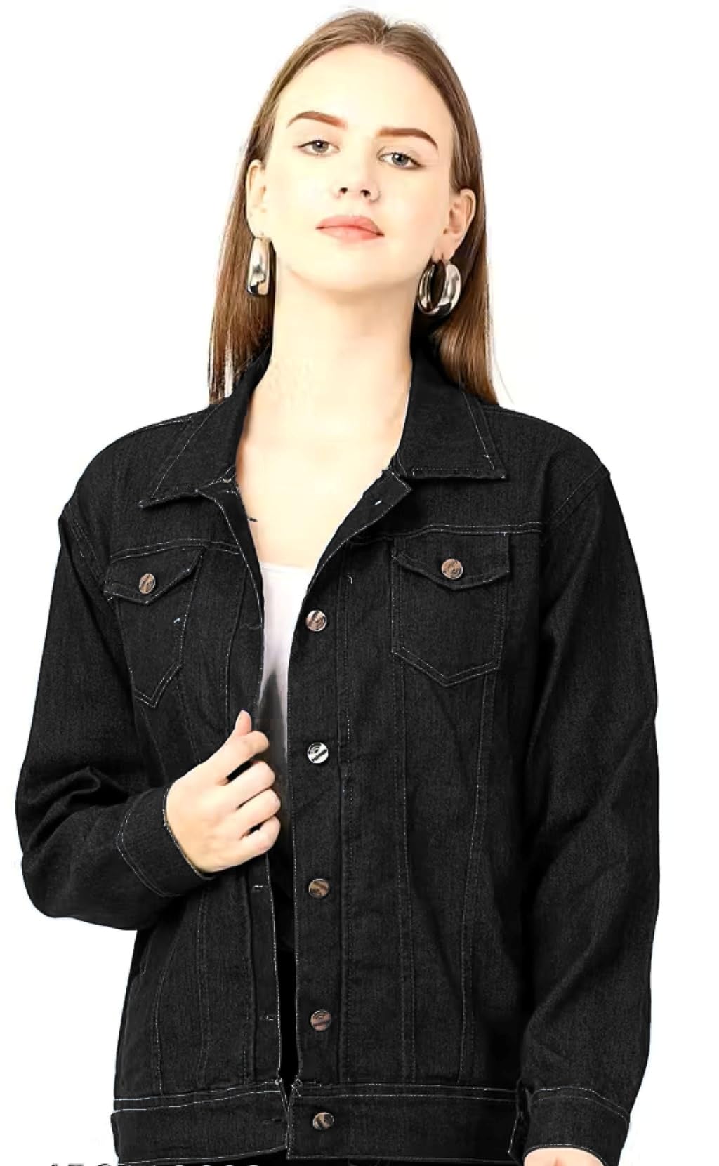 tripursundari fashion Black Woman long 100% Cotton Denim Relaxed Trucker Jacket 29800-picture-14