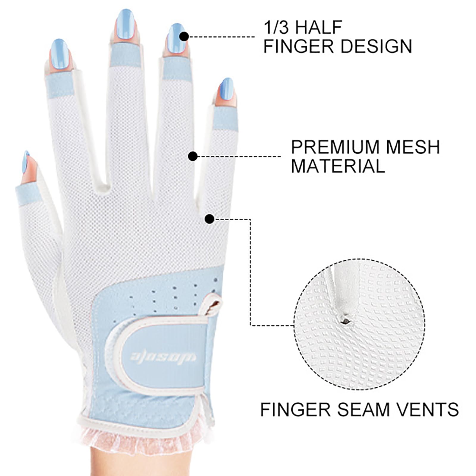 1 Paar Damen Golfhandschuhe, Fingerlose, Atmungsaktive Golfhandschuhe, Sonnenschutz Touchscreen Fäustlinge, Sporthandschuhe für die Linke und Rechte Hand,Blue,S(Length18cm)