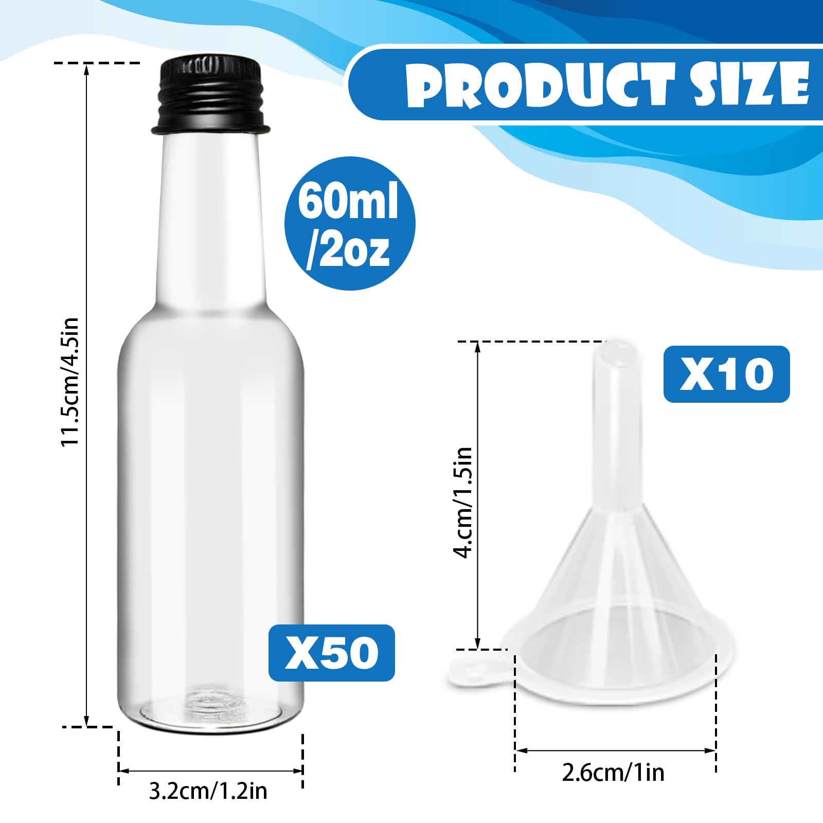 50 Pack 2 oz Mini Liquor Bottles with Black Cap,Airtight Plastic Spirit Bottle with 10 Funnels,Plastic Alcohol Shot Bottles for Weddings,Party Supplies