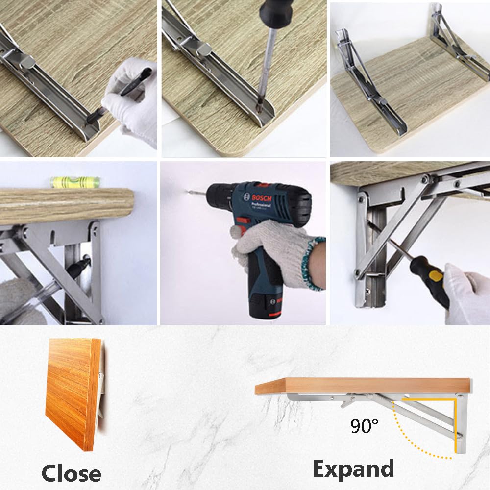 Hocansen 2Pcs Stainless Steel Foldable Brackets L Shelf Collapsible Brackets Silver Wall Mounted Shelf Bracket Max Load 132 lb Collapsible Shelf Bracket for Table Bookcase (ZDJ/Silver 200mm) - Image 4
