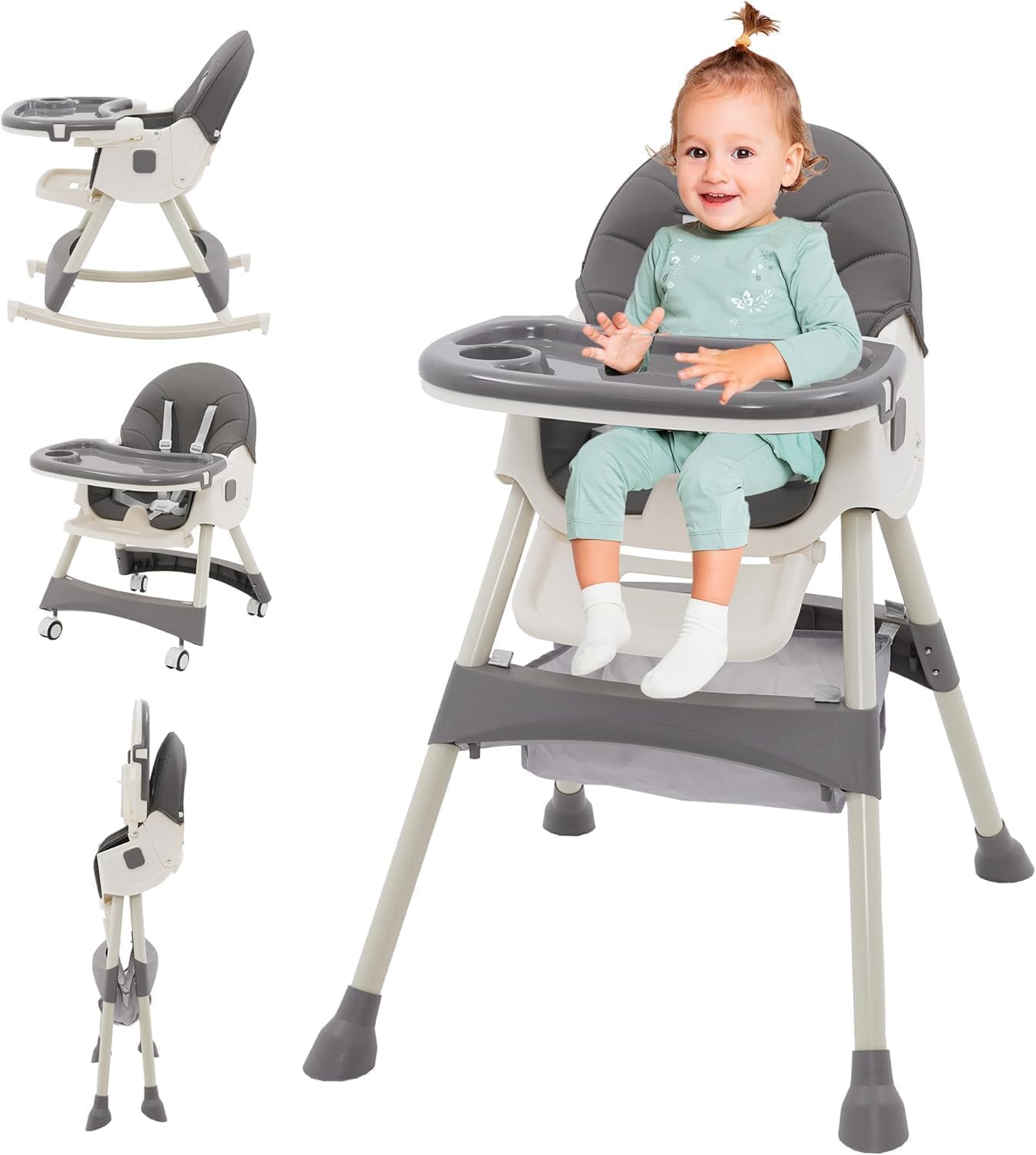 Trona Bebé 3 en 1 Plegable - 3 Posiciones Reclinable Con Ruedas, Doble Bandeja Extraíble, Asiento Reposapiés, Altura Regulable - Para Bebés 6+ Meses, Gris