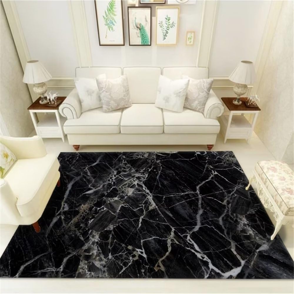 Tapis de salon noir marbre 200x300cm grand format pour chambre et salle à manger élégante