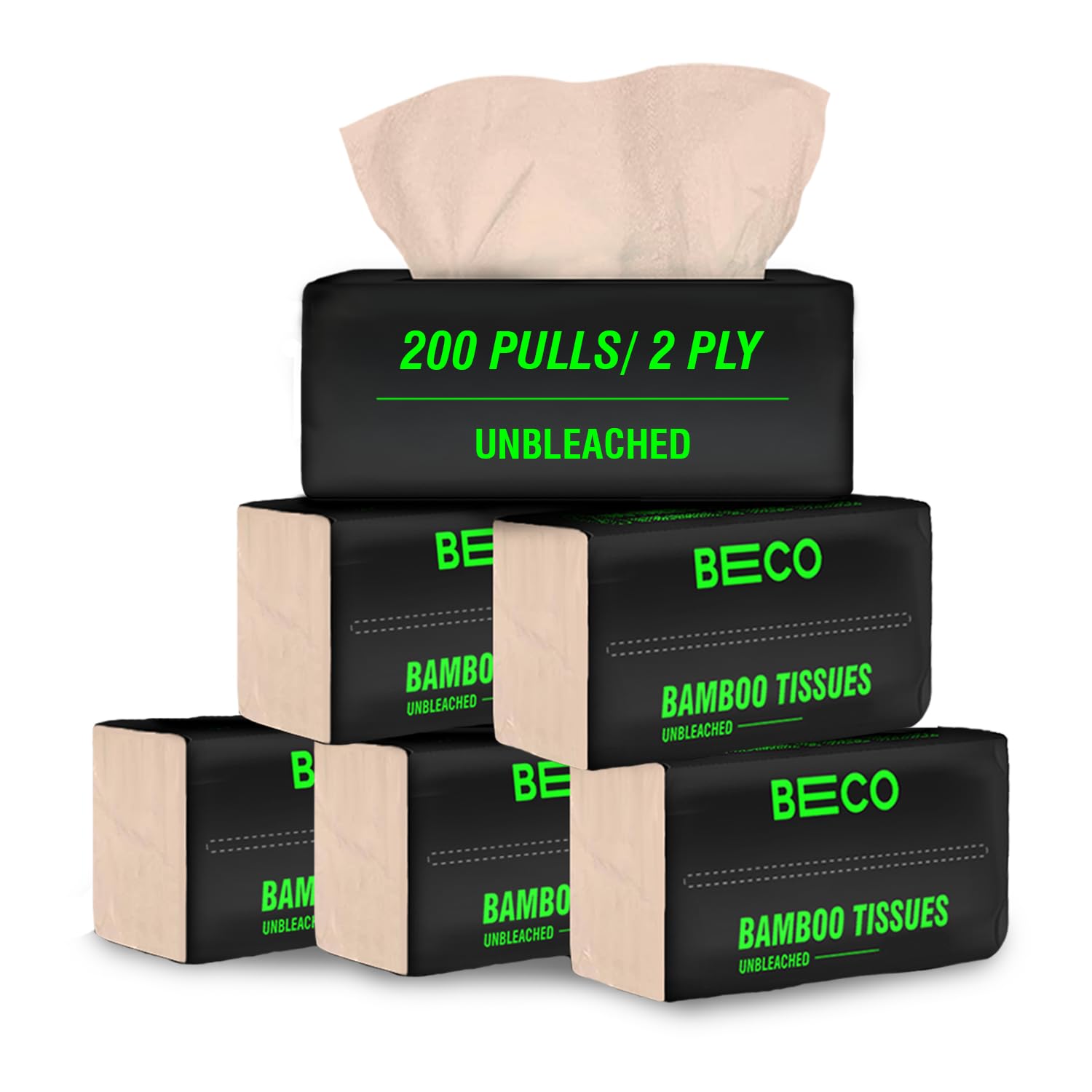 Beco Bamboo Facial Tissue Paper Box-Soft Pack | 200 pulls x 6 packs | Super Soft, Skin Friendly & Highly Absorbent Face Tissue Napkins | Car Tissues | 100% Natural & Ecofriendly | 2 ply-1200 Pulls