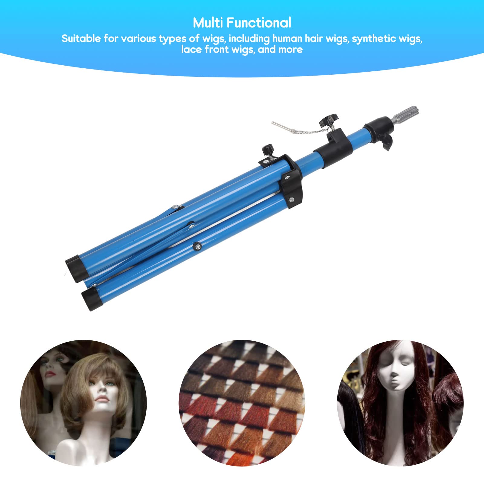 Treppiede per parrucca, supporto per testa di manichino girevole regolabile in altezza resistente con custodia per lo styling di parrucche sintetiche per capelli umani blu