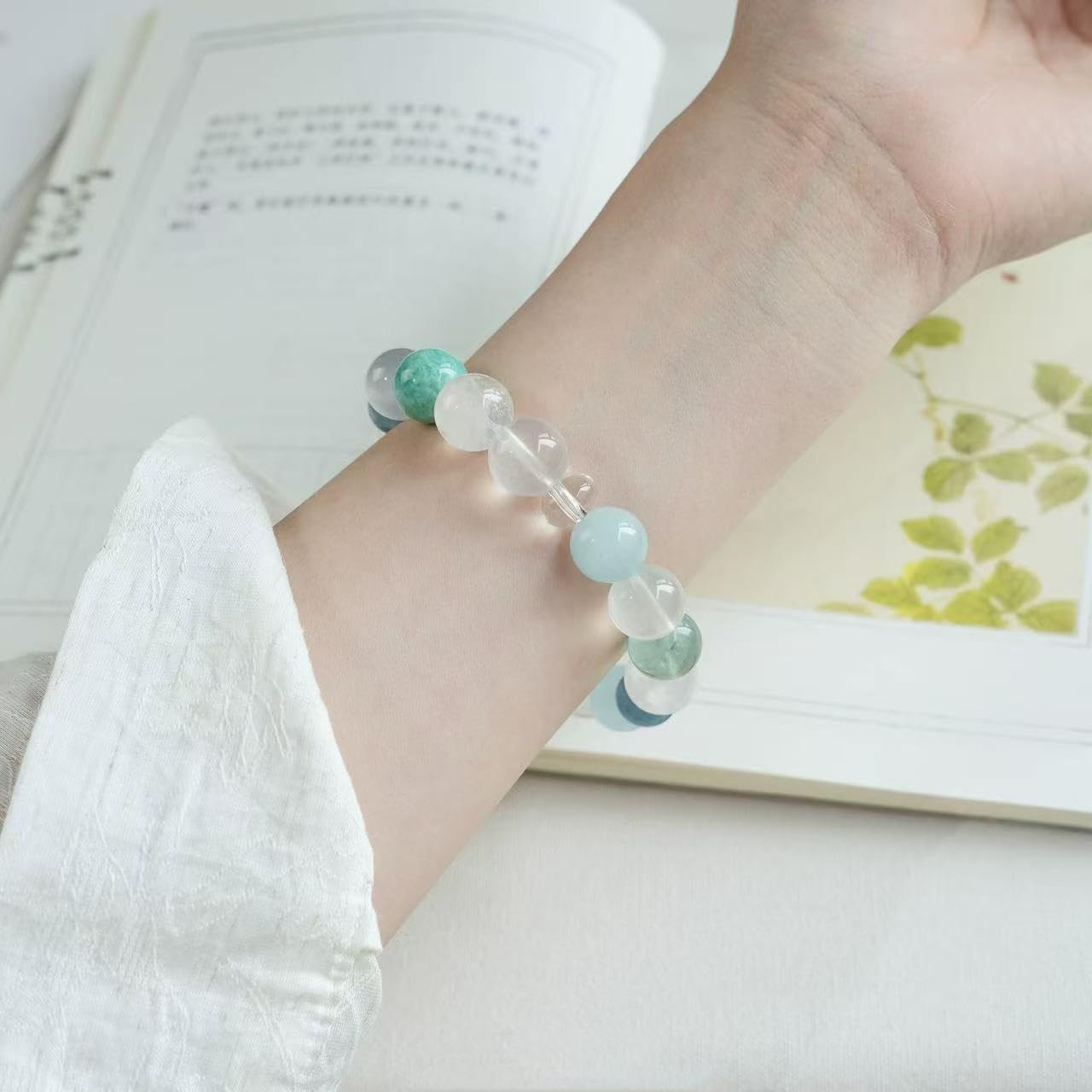 Pulsera Cuentas Pulsera De Cristal Blanco Aguamarina De 12mm Azul Y Blanco