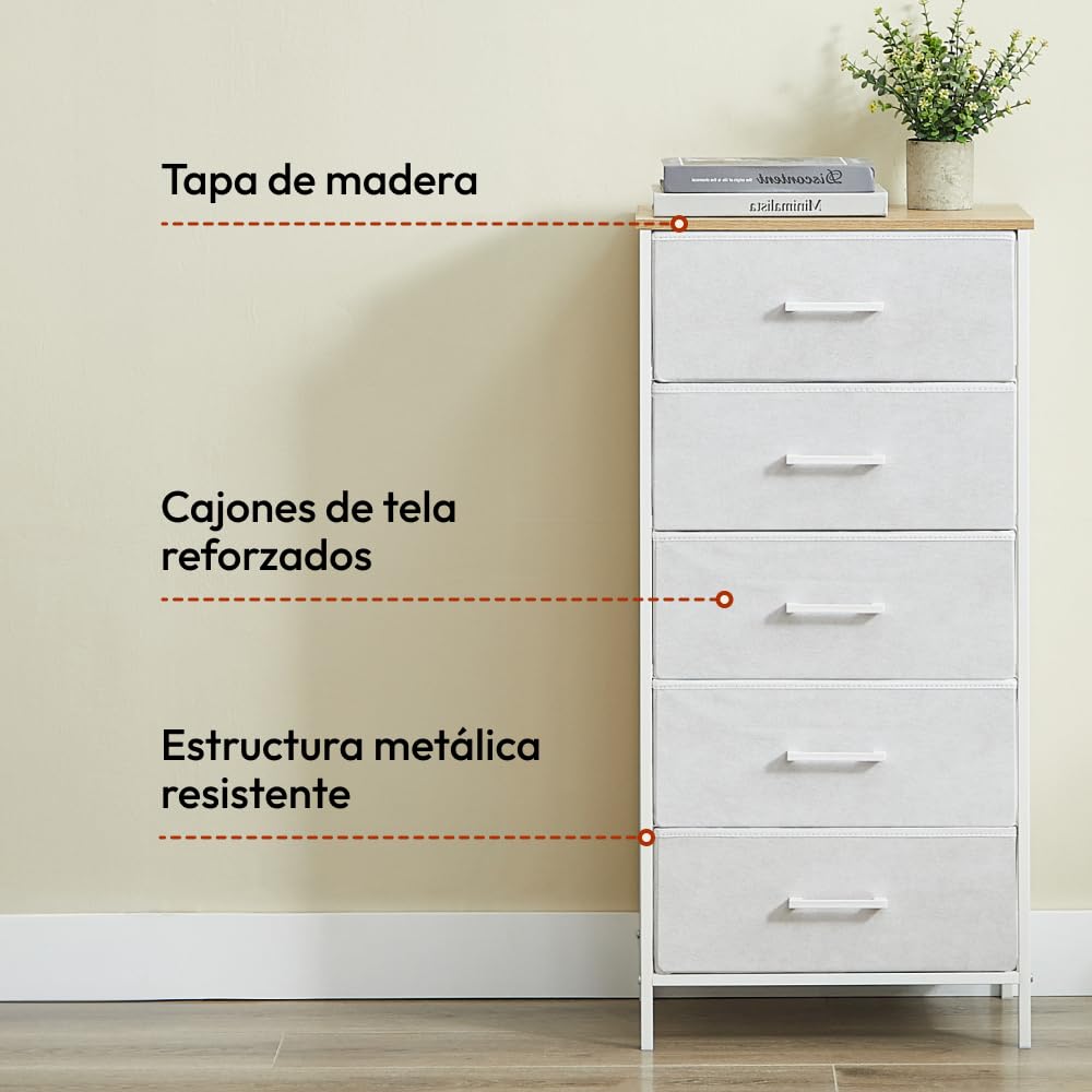 CASABEL cómoda Alta y Estrecha Blanca, 5 cajones de Tela rígida, Metal Blanco y Tablero, 45x30x94cm, cajonera para Dormitorio, salón, recibidor o Pasillo, sinfonier Funcional y práctico