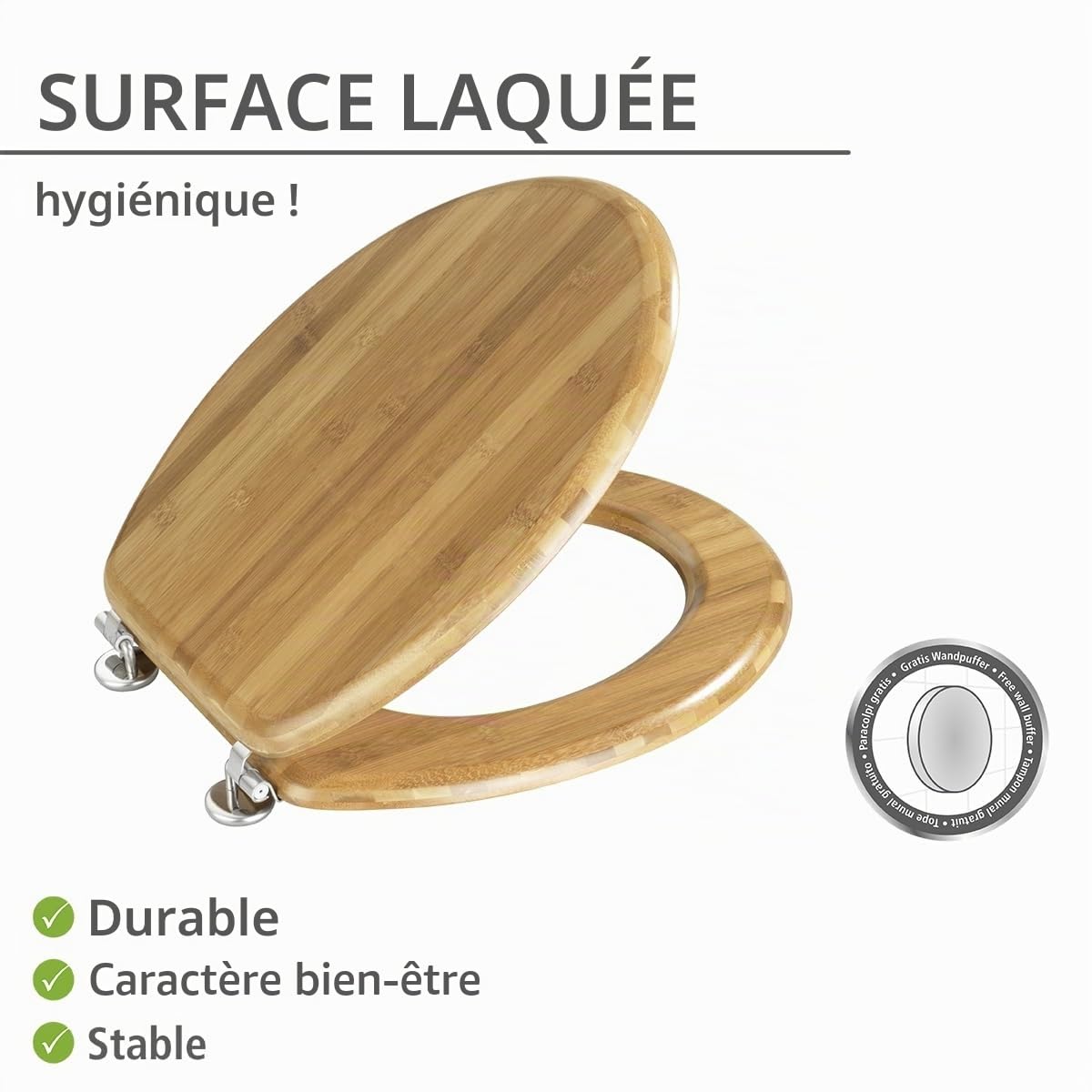 WENKO Abattant WC Bois Bambou | Lunette WC Fixation Acier INOX | Nettoyage Facile| Résistante à l'humidité et Non Poreuse grâce à Un Vernis Multiple | Certifié FSC® | 34 x 41,5 cm | Bambou
