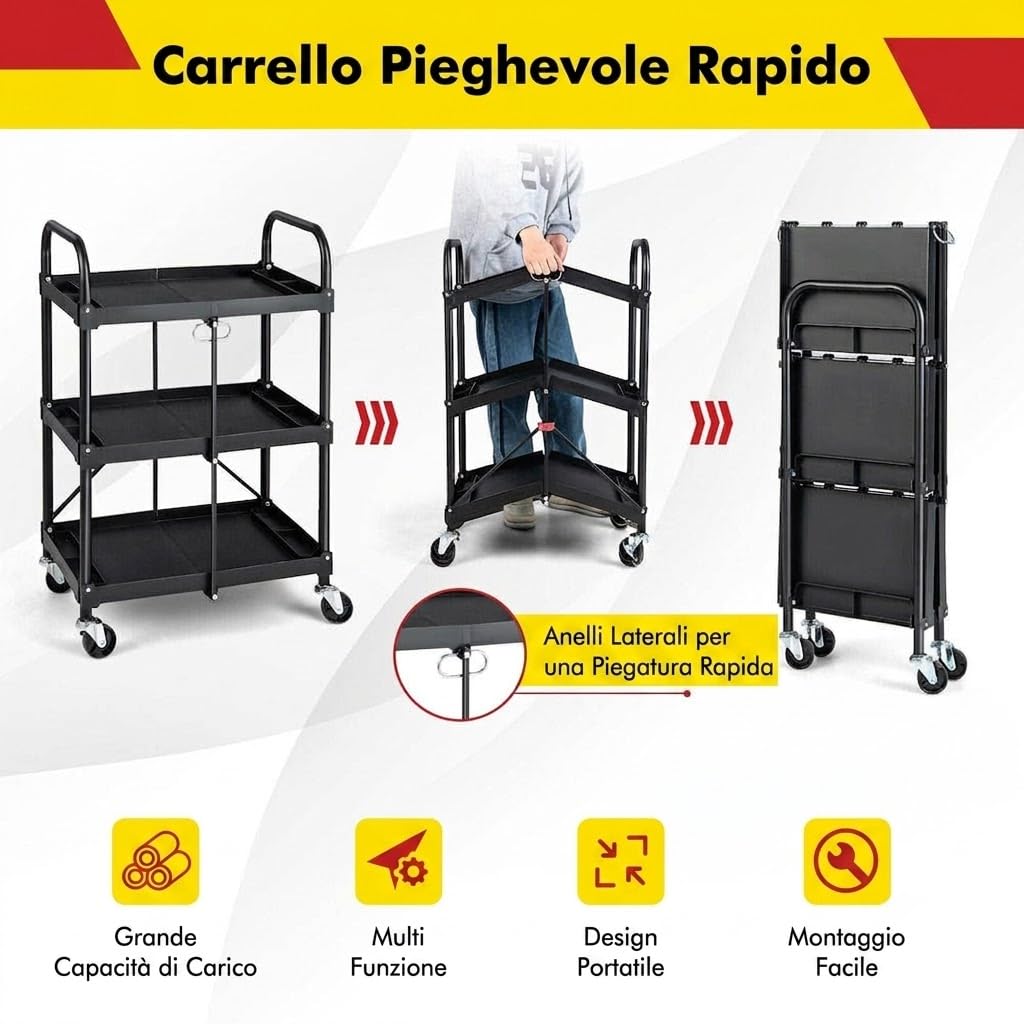 HYTAMA TOOLS Carrello di Servizio 65x40,5x96cm Carrello a Mano Multiuso 3 Ripiani Capacità Totale 60kg, con Ruote Girevoli 360° 2 Ruote con Freni, Carrello Portaoggetti da Garage Giardino
