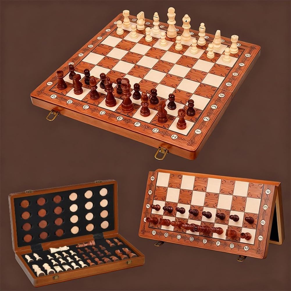 2-in-1 Foldable Magnetic Wooden Chess & Checkers Set, Portable Storage Board Tabletop Puzzle Game Toy