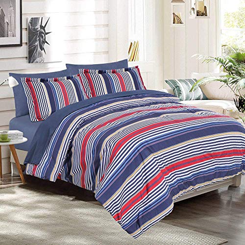 Image of EMME Queen Comforter Set-Bed in A Bag Striped, 7 Piece Navy Red Bedding Sets Queen Size with Sheets, Full Size Comforter, Pillowcases&Shams, Soft Down Alternative Bed Set for All Season