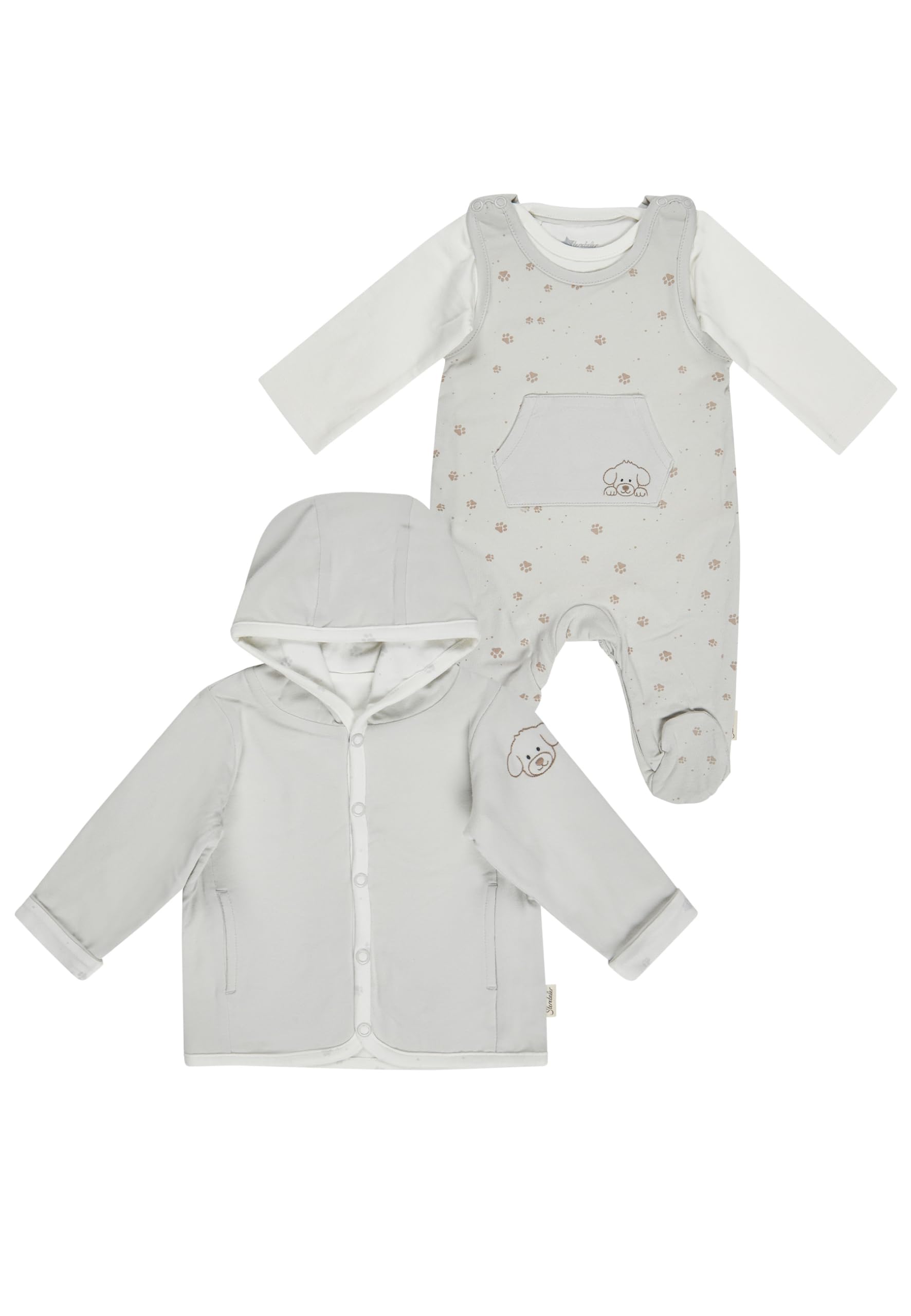Sterntaler Baby Set - Strampler mit Langarm Body & Wendejacke – Baumwolljersey mit Pfoten-Motiv und Stickerei Hund Lucky – Strampler mit Knopfleiste und Babyjacke mit Kapuze – Farbe Silber – Größe 56