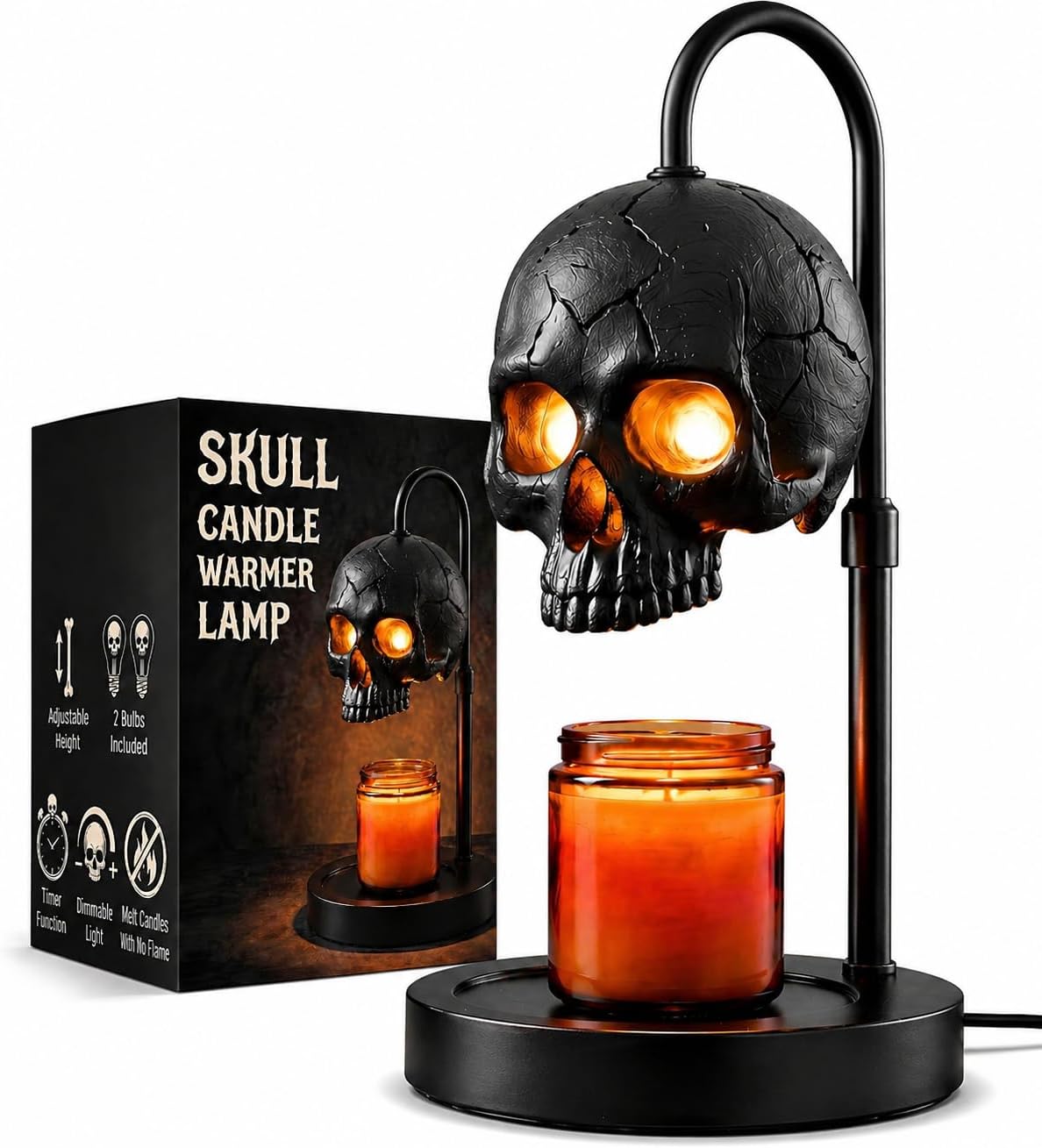 Skull Candle Warmer Lamp with Timer & Dimmer, Black Gothic Candle Warmer | with Timer & Dimmer, Adjustable Height, No Flame Safe Scent Diffuser, Halloween Goth Home Decor