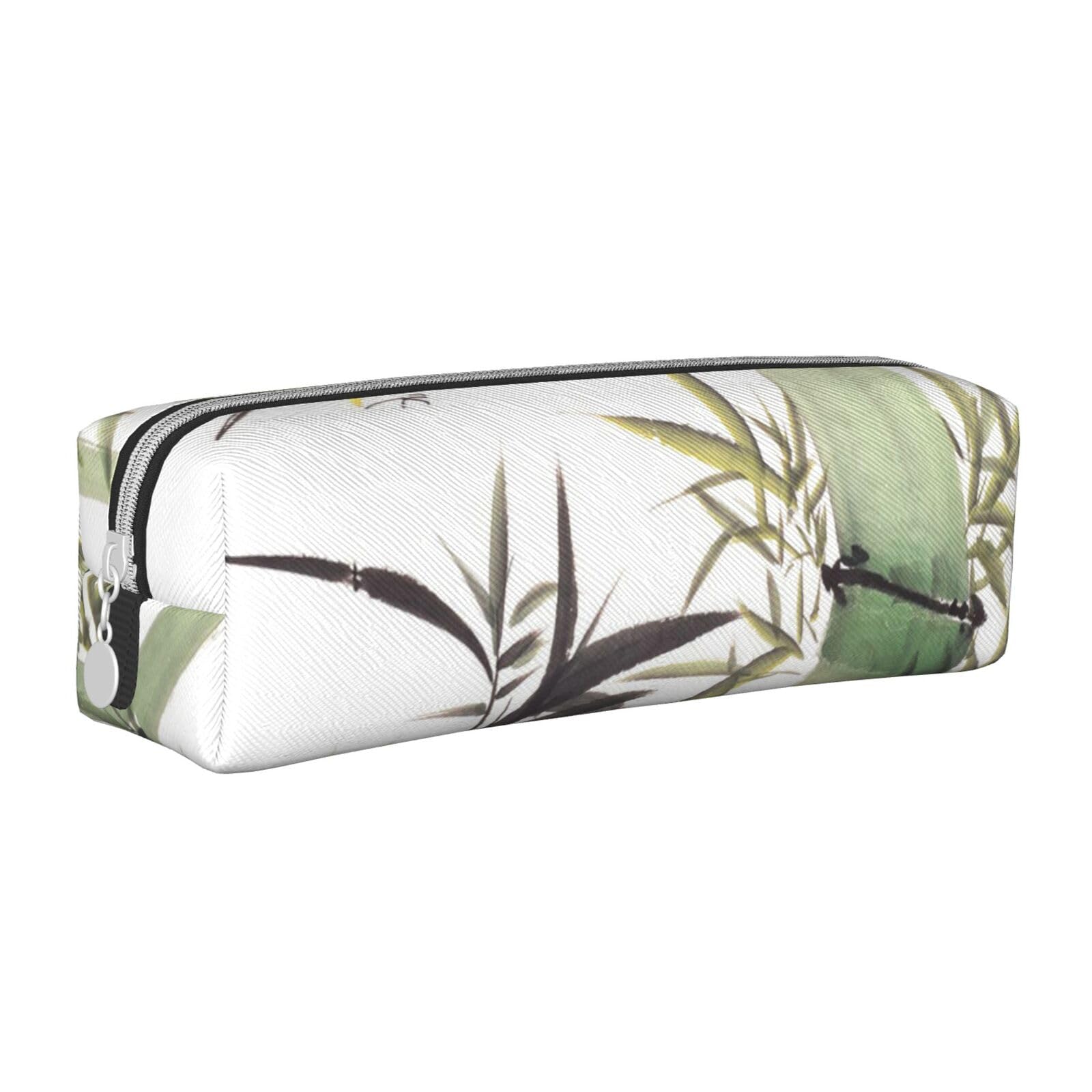Bamboo Bird Pattern Rectangle Leather Pencil Case for Girls Boys, Pen Pouch & Makeup Bag for Student School Office College