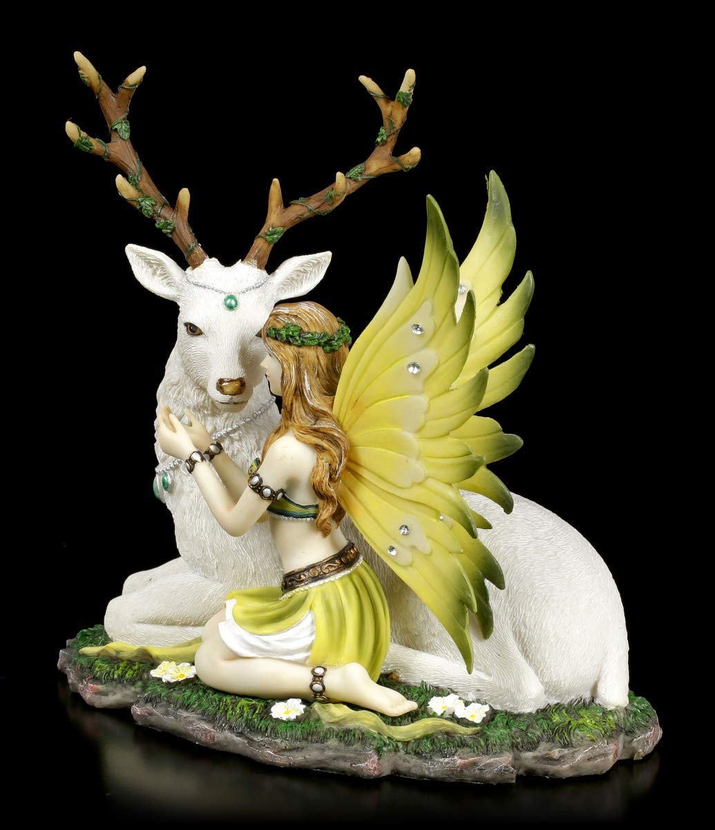 Figuren Shop GmbH Elfen Figur weißem, liegenden Hirsch - Adoration | Fantasy-Figur, mit Schmucksteinen verziert, handbemalt