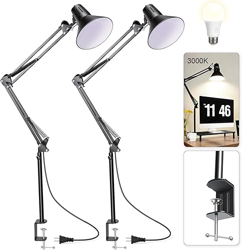 Paquete de 2 lámparas LED de escritorio con abrazadera para oficina y hogar, luz de escritorio con brazo oscilante de metal extra alto ajustable de