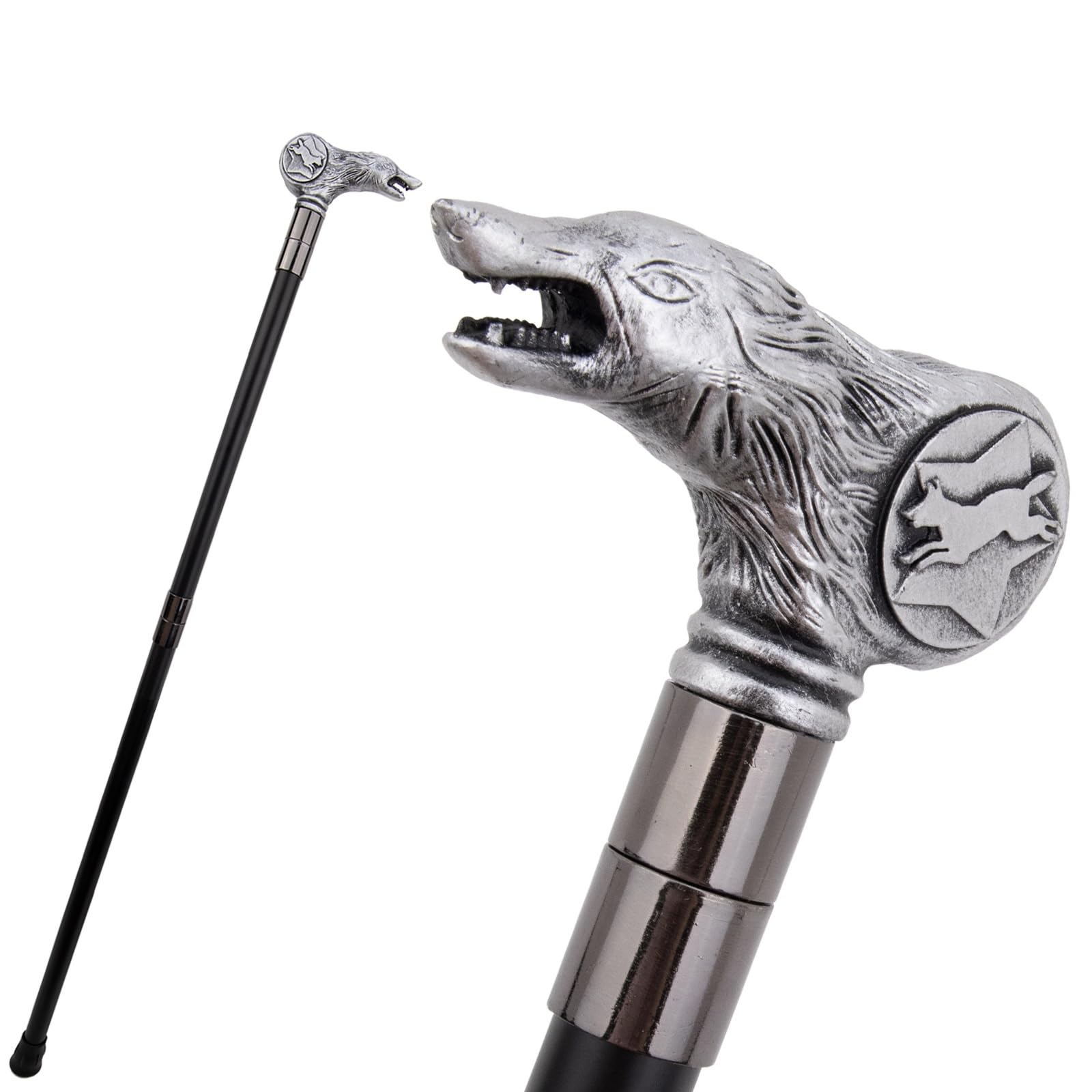 Bastone da Passeggio Decorativo Alla Moda con Impugnatura a Testa di Lupo | Pieghevole, impugnatura confortevole, impugnatura ergonomica, durevole, leggero, puntale in gomma antiscivolo, argento