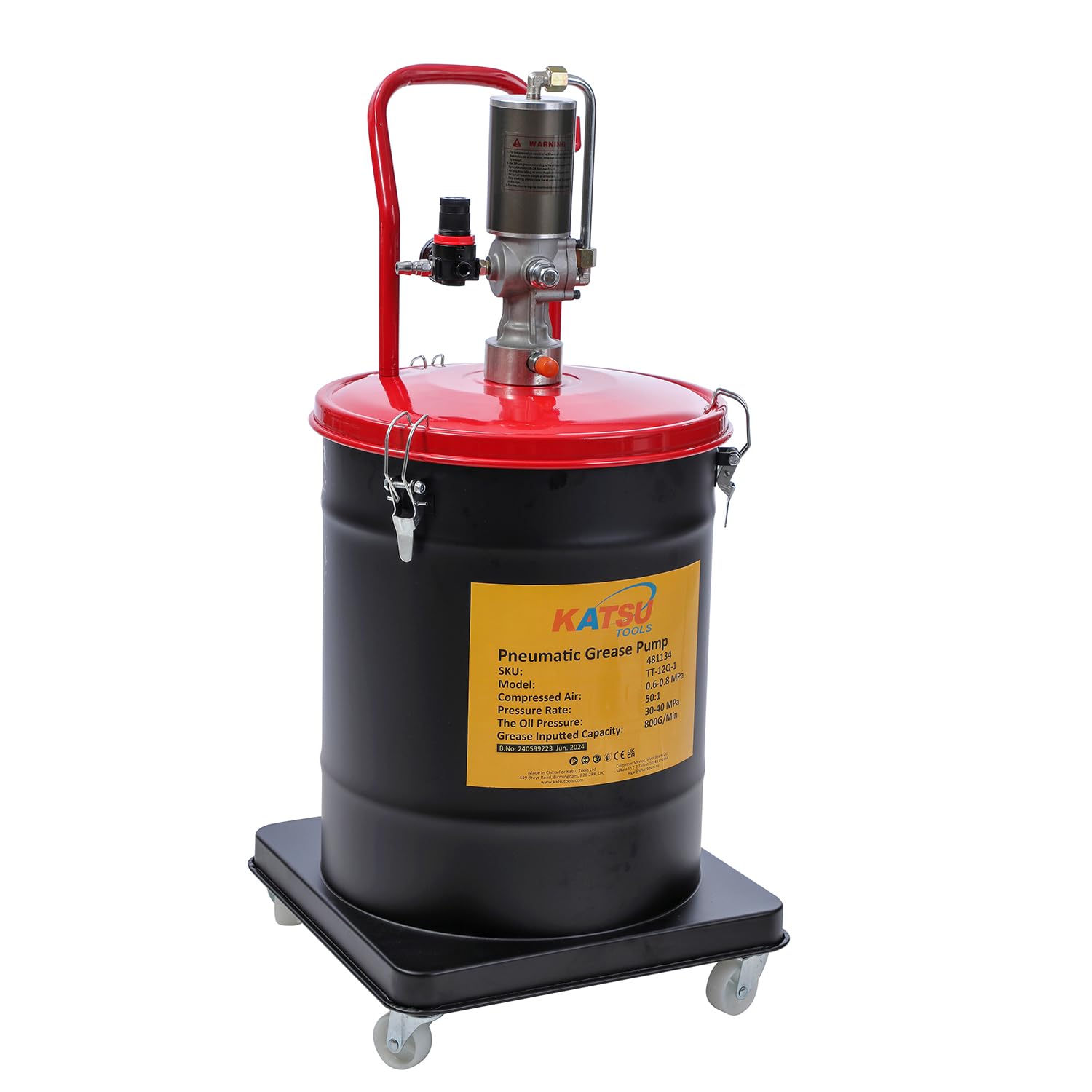 KATSU Tools Bomba de Grasa Neumática 40L Bomba de Engrase con Aire a Presión Dispensador de Pistola de Grasa de Aire Portátil con 12ft Manguera, 450 Bar, para Maquinaria de Automóviles y Camiones