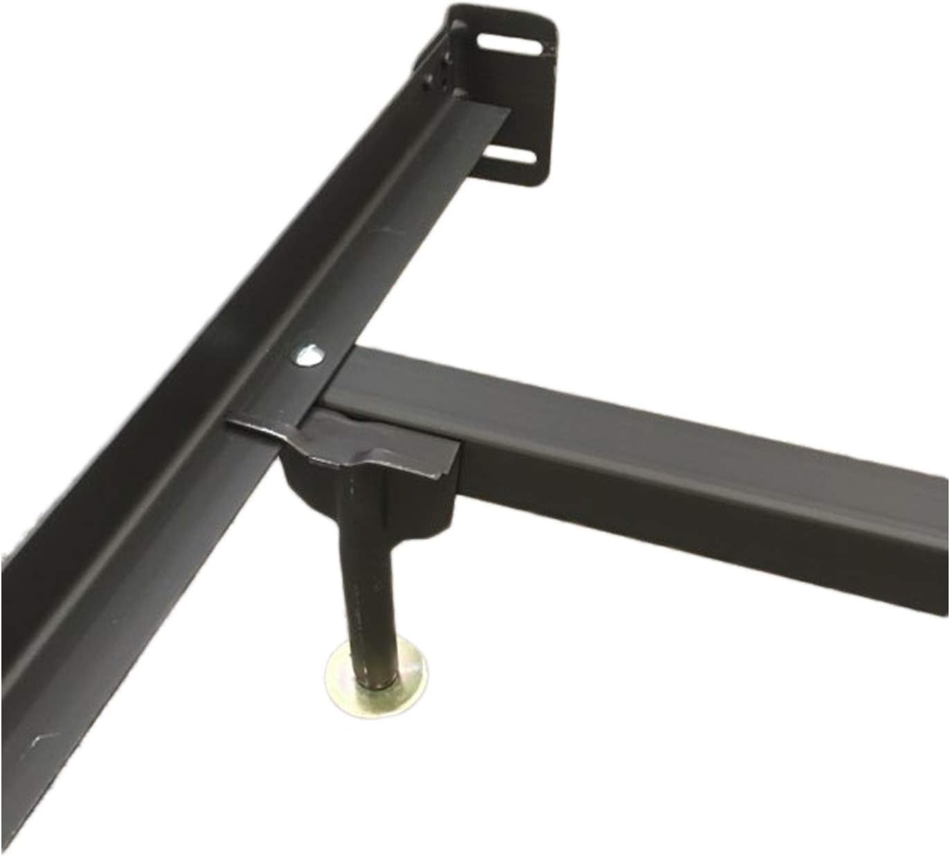 View of the bed frame's center support system, showing a cross arm and a center leg.