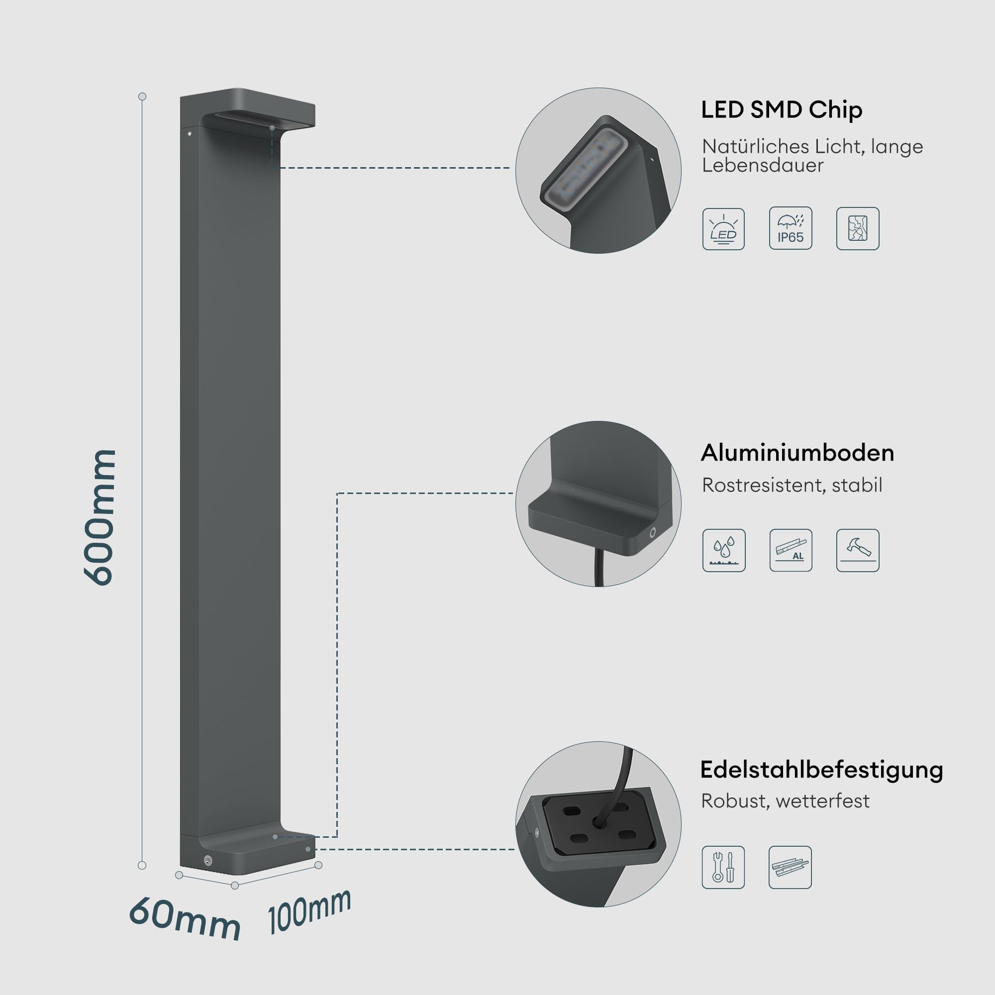 Mai & Mai Lampe sur Pied Extérieur LED IP65 Gris Foncé 100x60x600mm LumaTorch