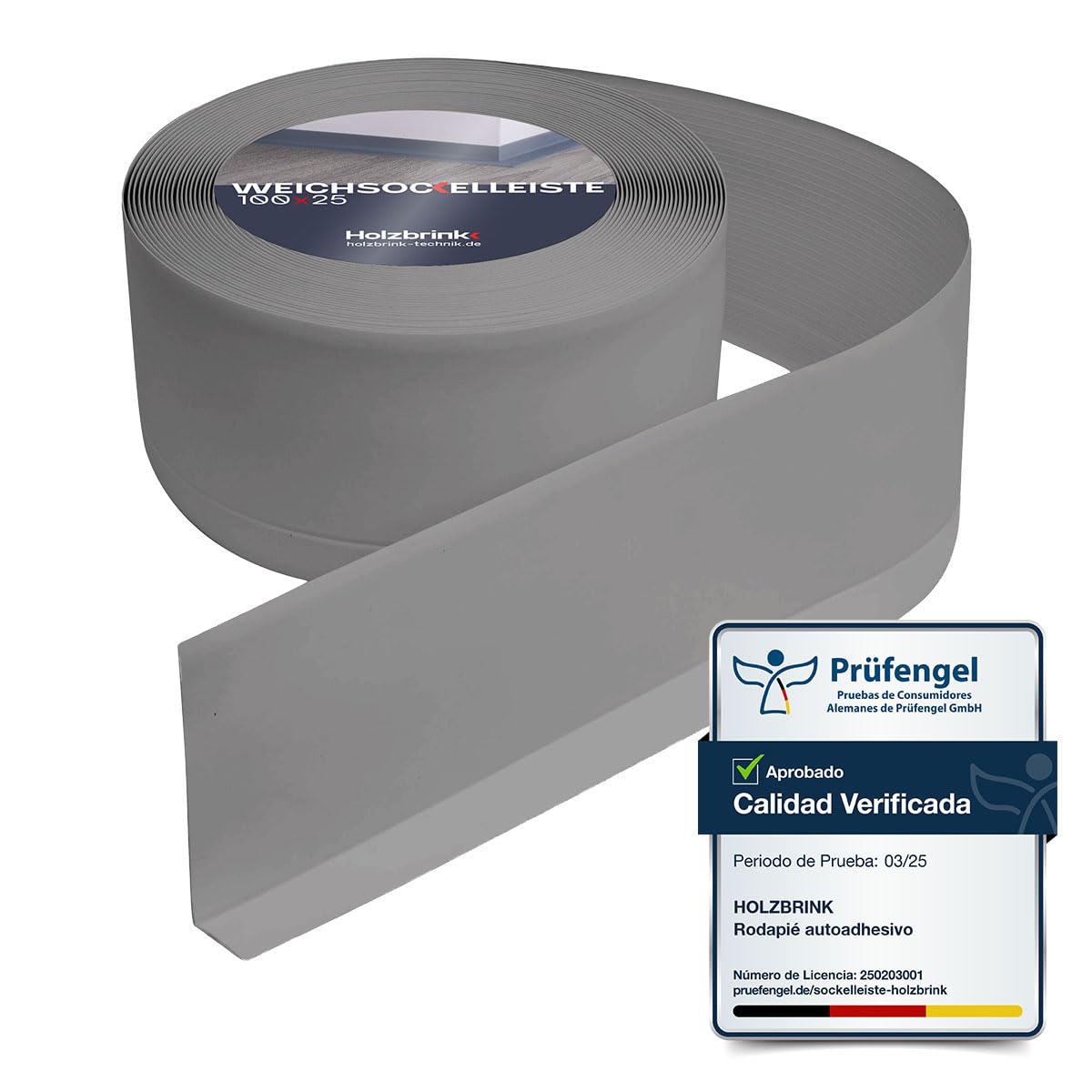 HOLZBRINK Rodapie PVC 100x25mm, 25 m | Zocalos pared para esquineras pared de garaje, pasillo | Perfiles de PVC | Color: gris