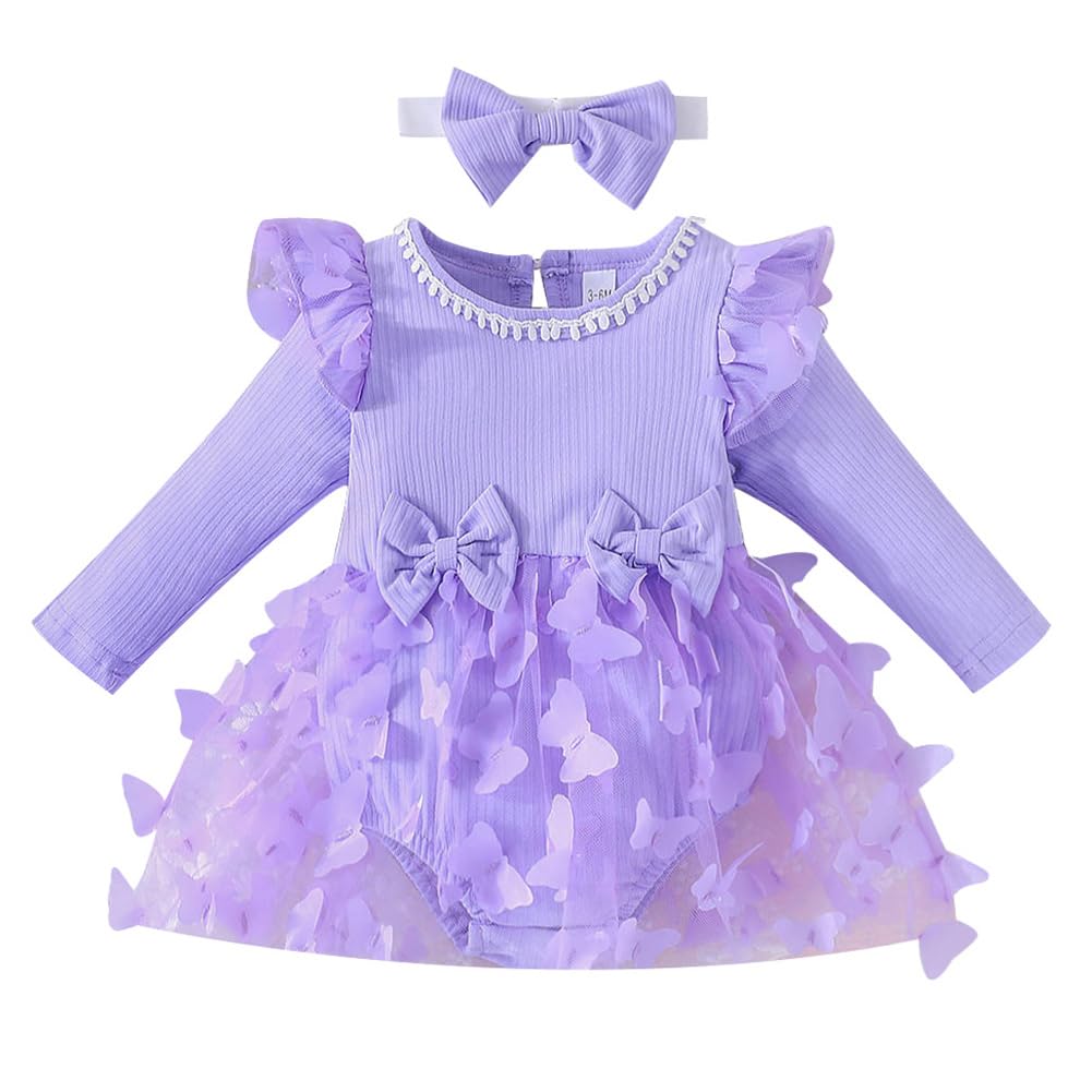 IDOPIP Baby Girls Butterfly Tutu Dress Ruffle Long Sleeve Romper with Butterfly Tutu Skirt and Bowknot Headband 2PCS Infant Girls 1st Birthday Outfit Winter Fall Dress Clothes Purple 3-6 Months