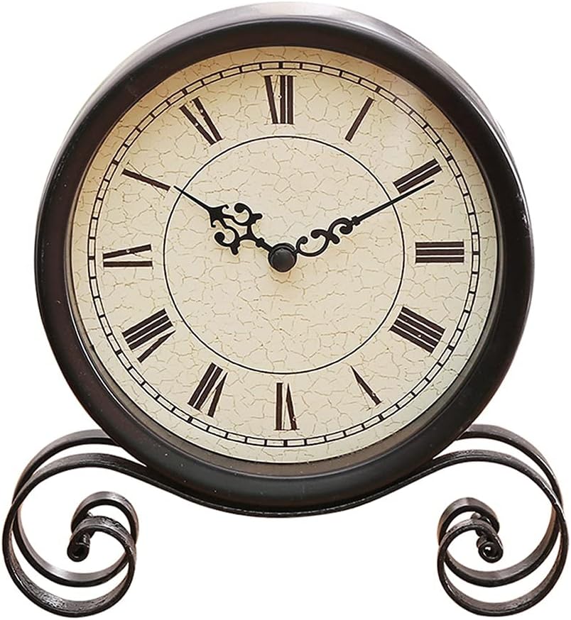 European Vintage Metal Table Clock Living Room Round Retro Desk Old-Fashioned Desktop