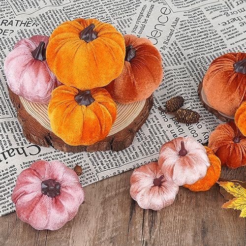 Image of Artmag 12Pcs Fall Artificial Velvet Pumpkins Assorted Sizes Orange Brown Pink Fake Farmhouse Harvest Pumpkins for Fall Thanksgiving Party Home Decoration