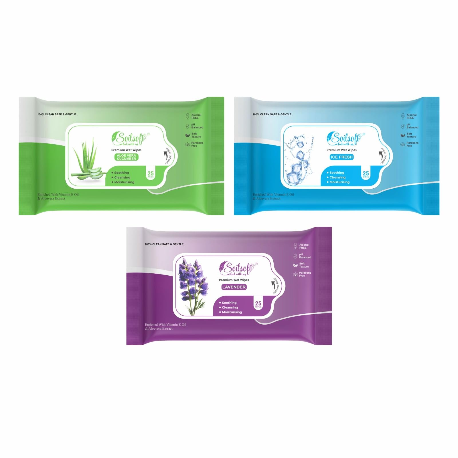 Soilsoft Premium Wet Wipes Variety Pack (75 Total Wipes, Set of 3) – Aloe Vera Cucumber, Ice Fresh, Lavender – Alcohol-Free, pH Balanced, Soft Texture for Gentle Cleansing & Moisturizing with Vitamin E Oil (AL + IC + LB)-image-10