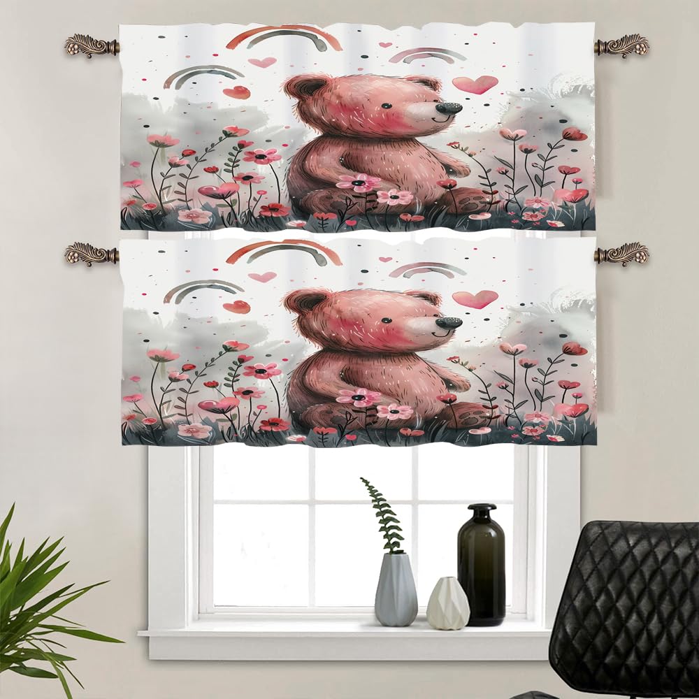 TOWINSFB 2 Pack Rainbow Bear Flower Window Valances, Rod Pocket Cute Cartoon Forest Animal Window Treatment Short Curtains for Kitchen/Bathroom/Living Room, 54