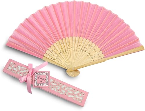 DORIS HOME 50pcs rosa seda bambú mano plegado ventilador de boda favor ventilador con láser corte caja de regalo para regalo nupcial regalos regalos