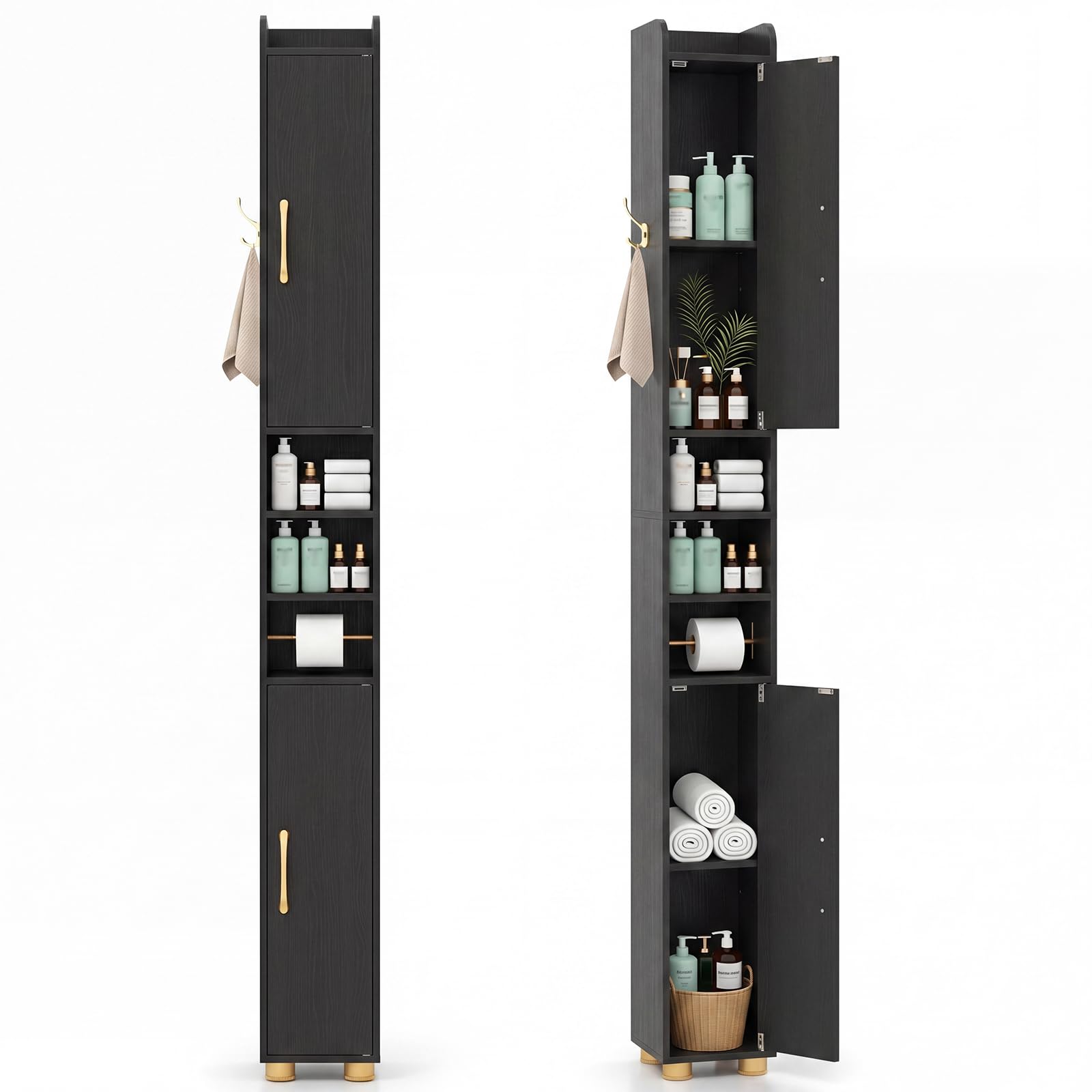 COSTWAY Tall Bathroom Cabinet, Slim Freestanding Storage Unit (Black)
