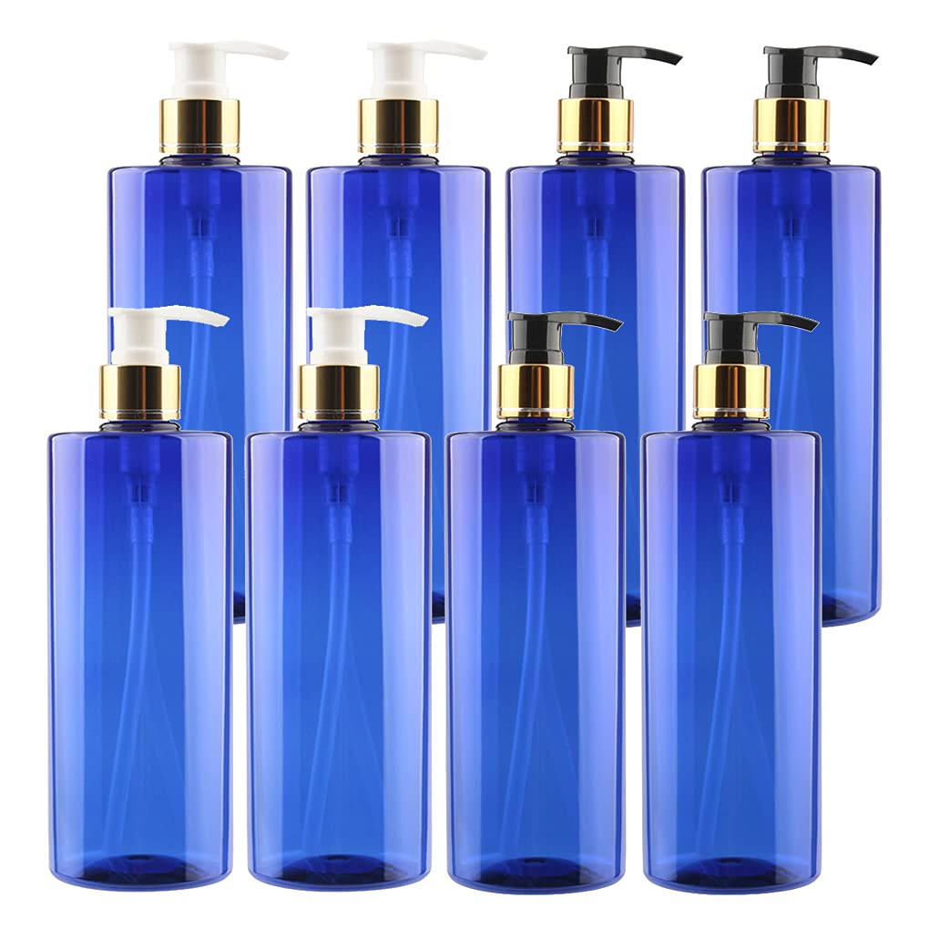 8 Pezzi Blu Vuoto Plastica Bottiglie Dosatori con 4x Oro/Nera e 4x Oro/Bianca Pompetta Dispenser Flacone Ricaricabile per Shampoo Lozione Gel