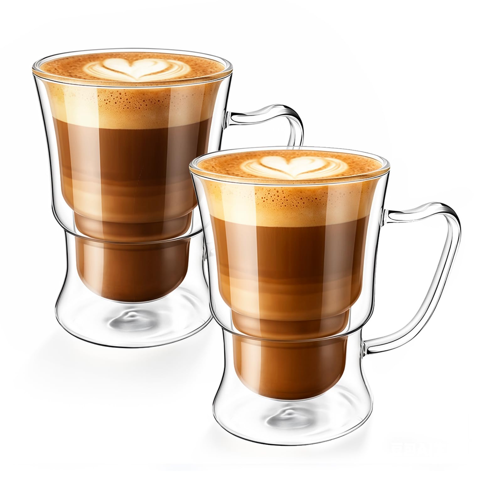 Latte Glasses Set of 2 for Cappuccino, Flat White, Macchiato, Espresso, Matcha & Hot Chocolate – 250ml Double Walled Coffee Glasses for Hot & Iced Drinks – Clear Borosilicate Glass with Handle (8oz)