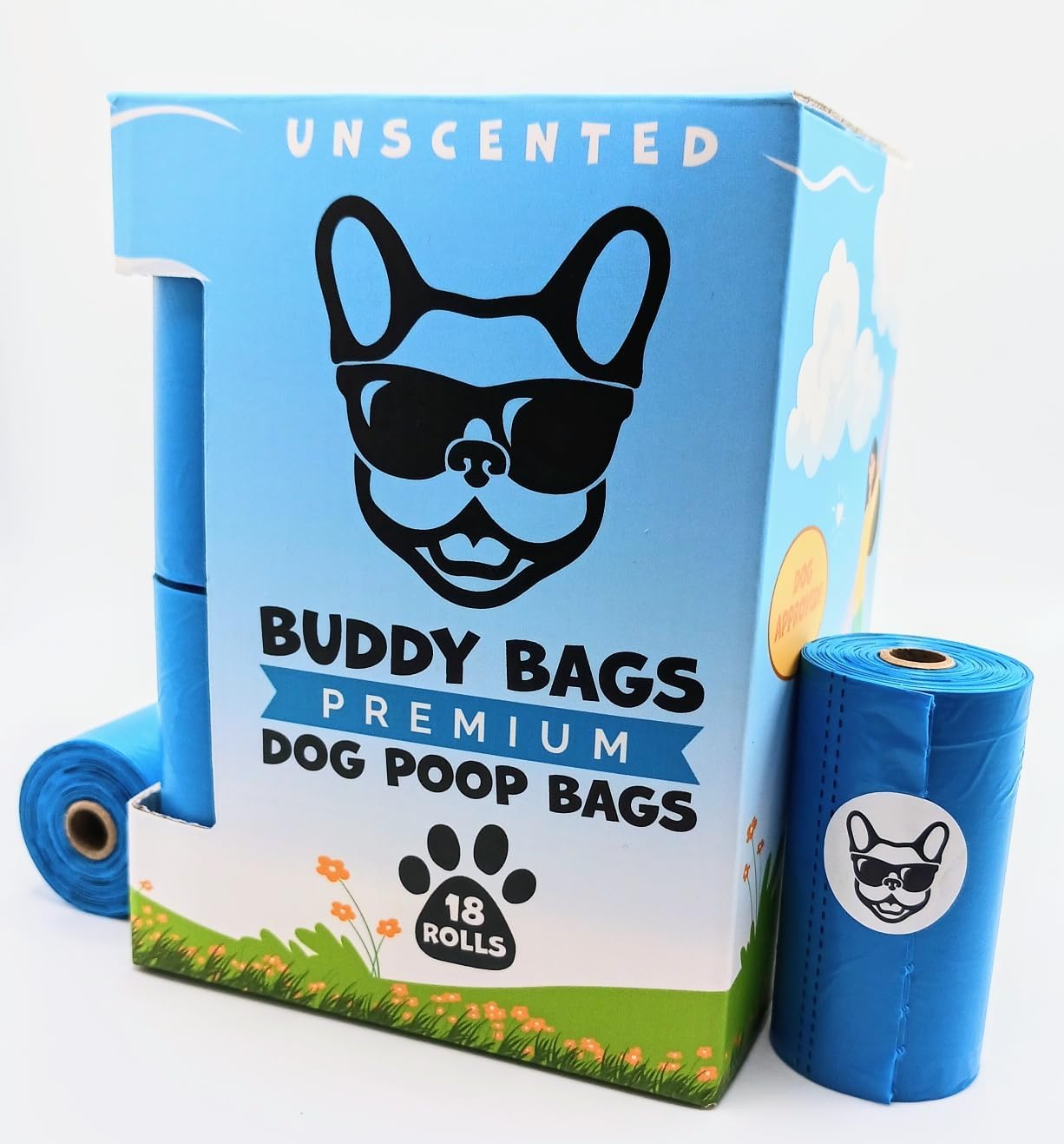 Buddy Bags Premium Dog Poop Bags, Unscented, Extra Thick & Strong, Bold “Open Here” Arrow, 18 Refill Rolls, 270 Earth Friendly Bags.