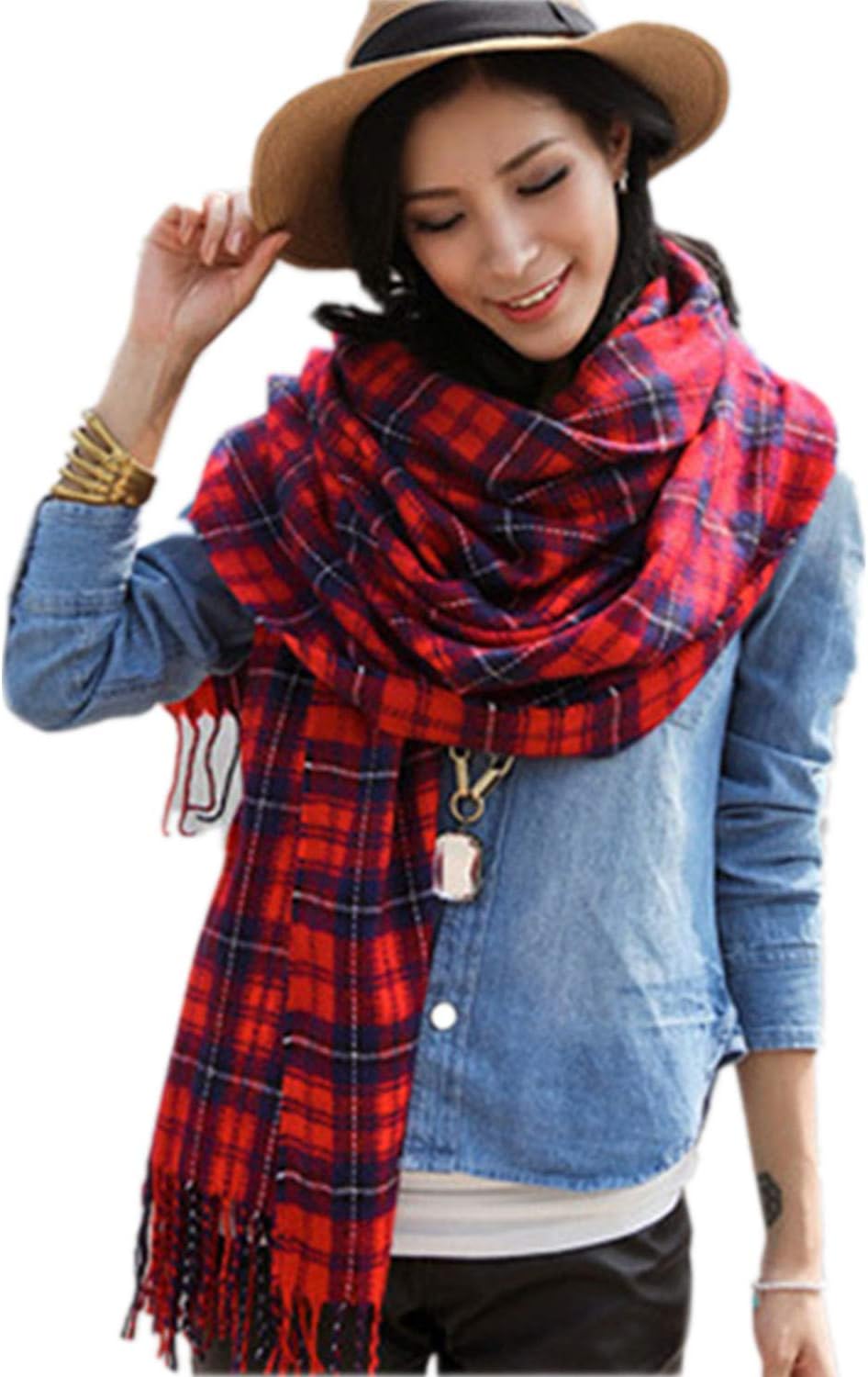 Mocasor Plaid Blanket Scarves for Women, Ladies Fashion Winter Warm Tartan d Long Checked Shawls and Wraps, 02 Red Blue Plaid, One size