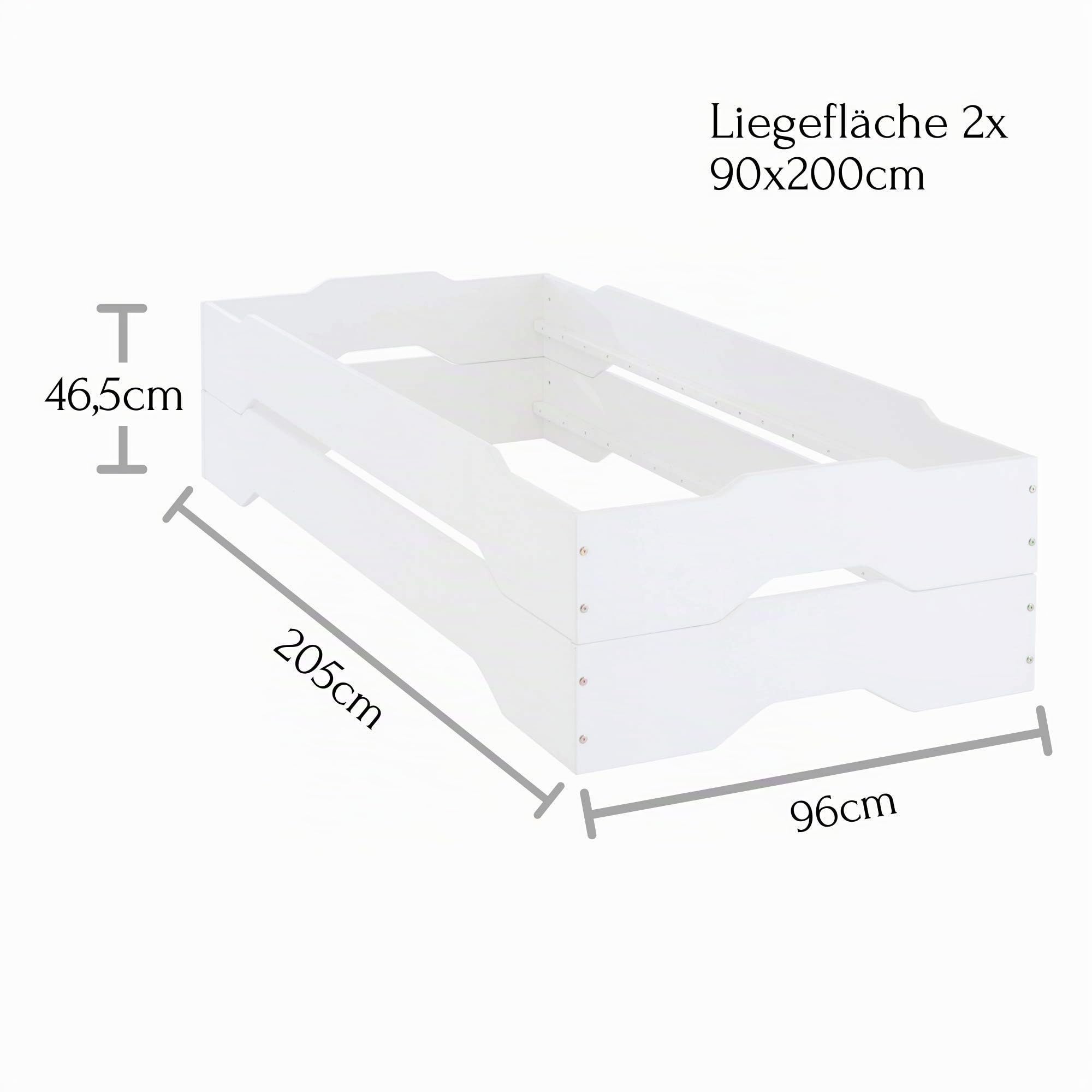 Stella Trading DOUBLE Stilvolles Doppelbett mit zwei Liegeflächen 90 x 200 cm - Komfortables Stapelbett aus massiver Kiefer, Weiß - 96 x 47 x 205 cm (B/H/T)