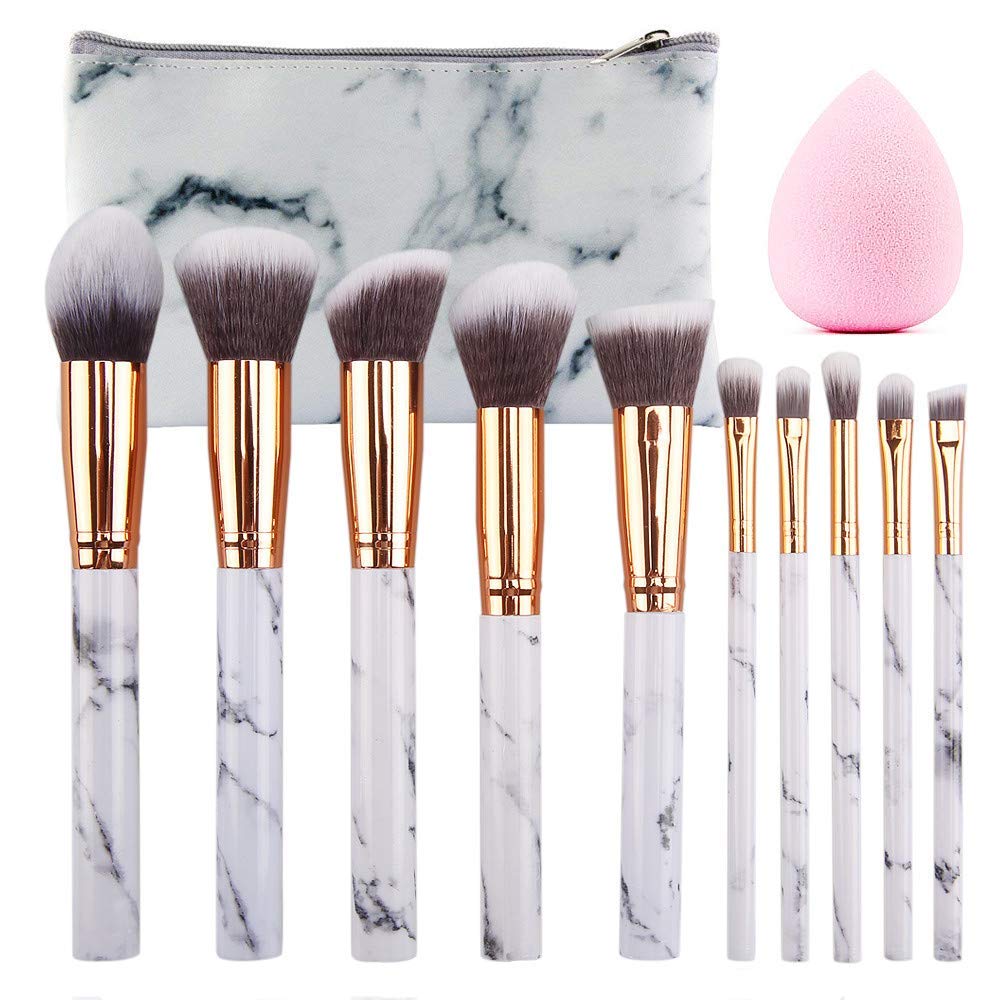 SEPROFE Makeup Brushes Set 10Pcs Marble Makeup Brushes Best for Travel Make Up Powder Foundation Eyebrow Eyeliner Blush Cosmetic Blending Brush with Free Cosmetic Bag and Sponge