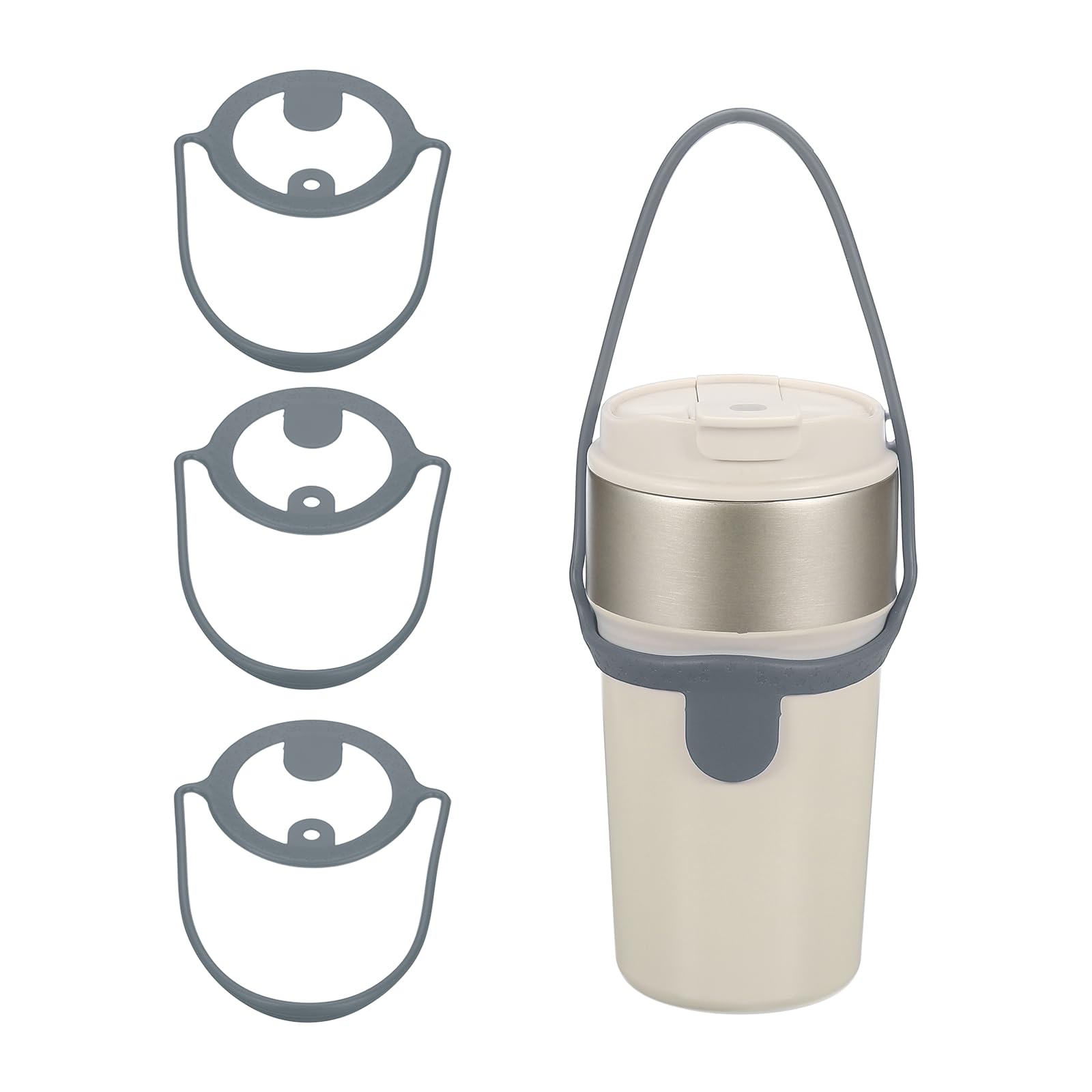 YELARXI Silicone Coffee Cup Carrier, Reusable Drink Carrier Tea Holder Sleeve Handle Strap with Straw Ring 3 Pcs & Gray -Fitting for (Travel/Take Out/Daily Use)