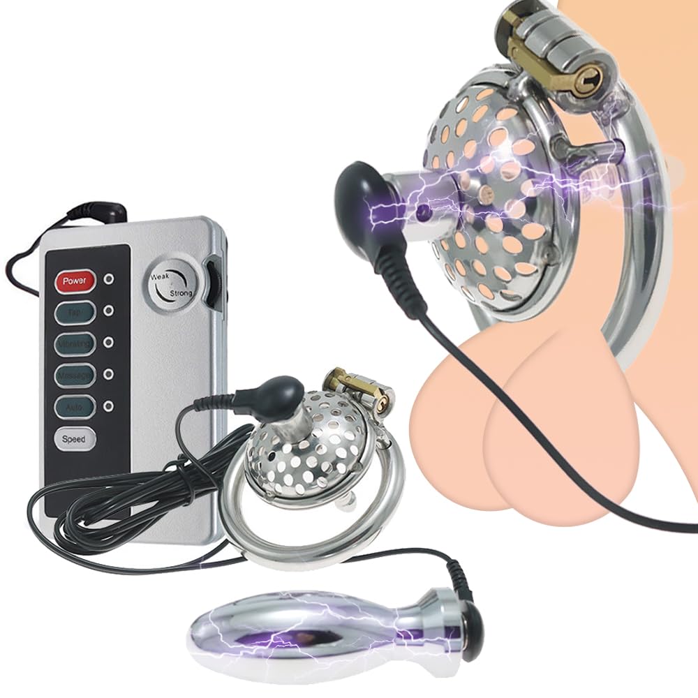 BDSM Elektro Shock Edelstahl Keuschheitskäfig Harnröhren Dilator Metall Elektro Shock Analplug Set SM Butt Plug Penisplug Sex Toys Mit Host E-Stim Bondage Sex Spielzeug für Männer (Ring:50mm)