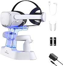 NexiGo Enhanced Charging Dock with LED Light [On/Off] for Oculus Quest 2, [Support Elite Strap with Battery], Headset Display Holder and Controller Mount, 2 Rechargeable Batteries, USB-C Charger