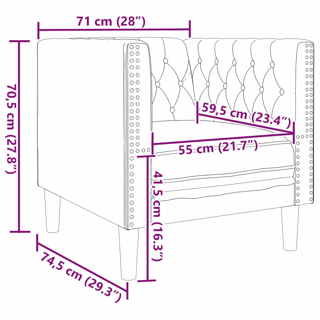Divano in velluto grigio chiaro 74,5 x 71 x 70,5 cm con rivestimento a bottoni e braccioli rotondi per soggiorno, salotto, camera, ufficio, arredamento relax e comfort