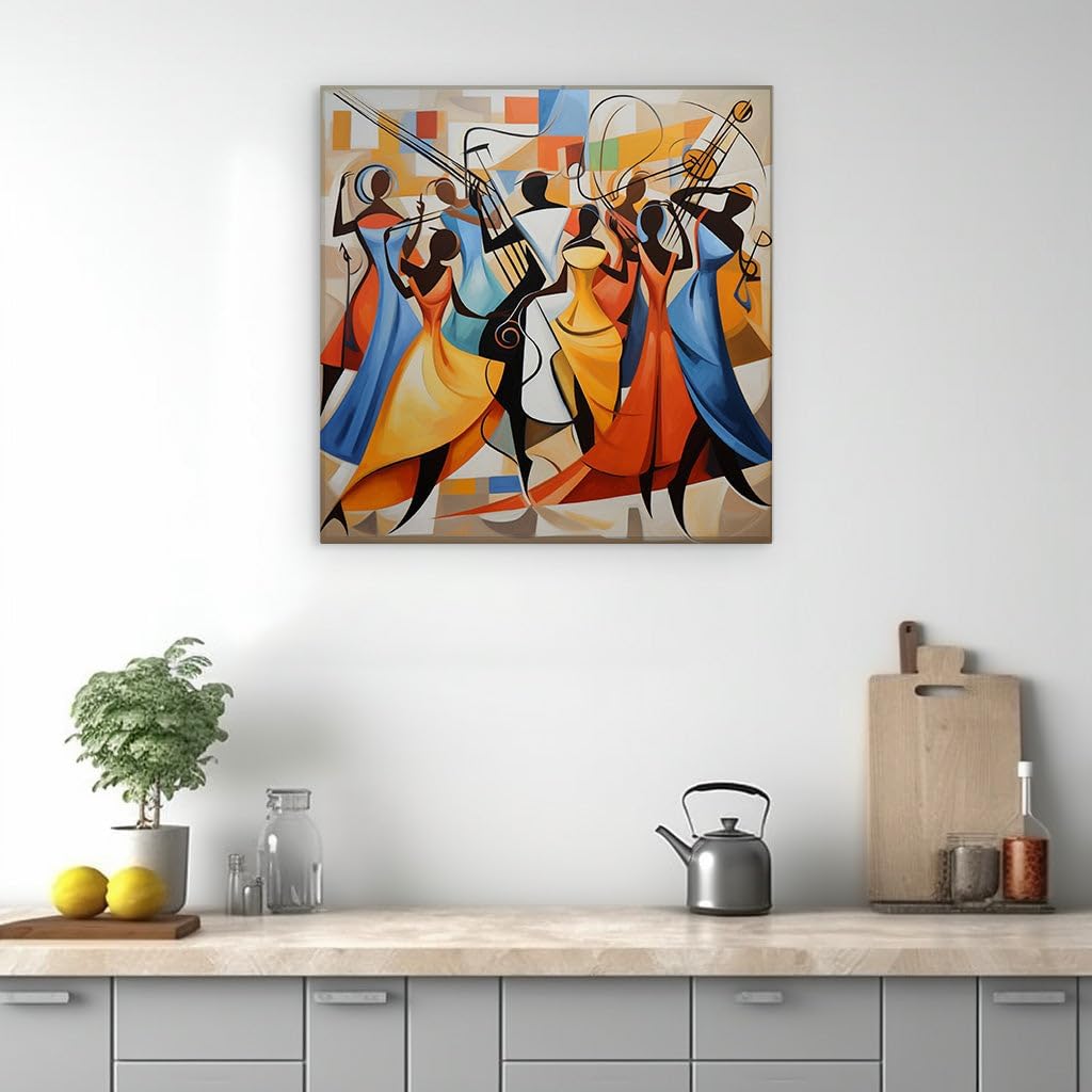 Canvas for Living room. Vibrant Rhythms of Joy: An African-Inspired Oil Painting Brought to Life with Music and Dance, 27 x 18 inch Canvas Wall Art - Contemporary Masterpieces - Modern Home Decor