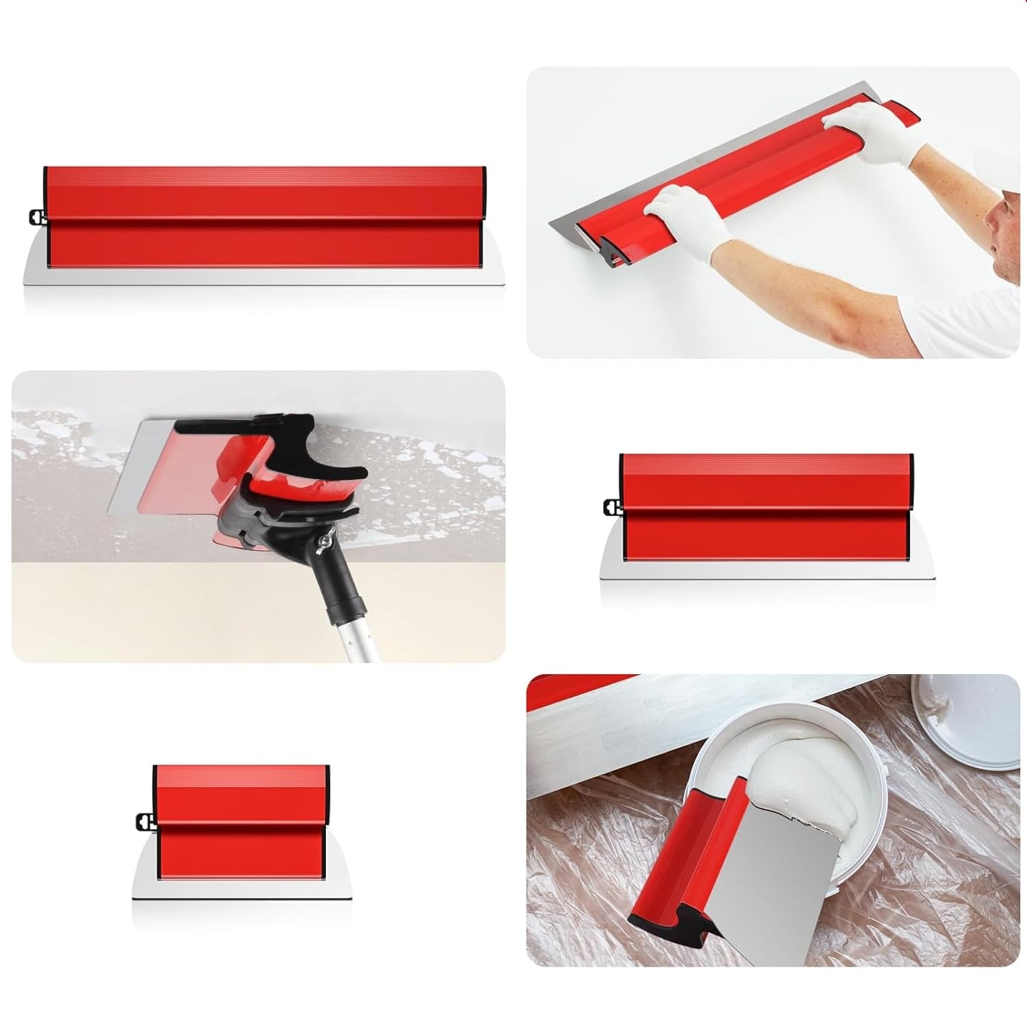 Lame d'écrémage Lame de Spatule de Lissage Lame à Lisser en Acier Inoxydable avec Poignée d'extension pour Enduire les Murs et les Plafonds (25cm + 40cm + 60cm + 80cm), avec Lames Remplaçables