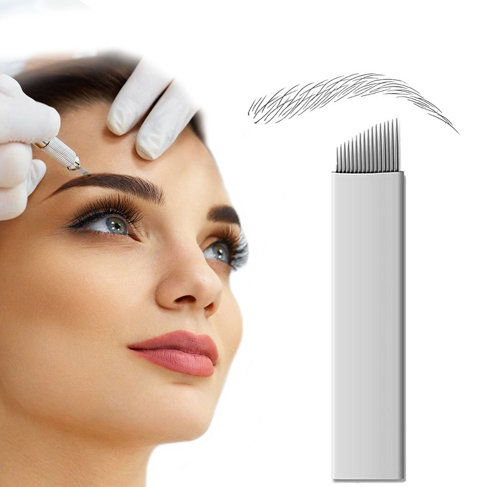 PFT 50pcs 16 Needle Curved Flat Permanent Makeup Needle Manual Eyebrow Tattoo Microblade Sloped 16 Needle