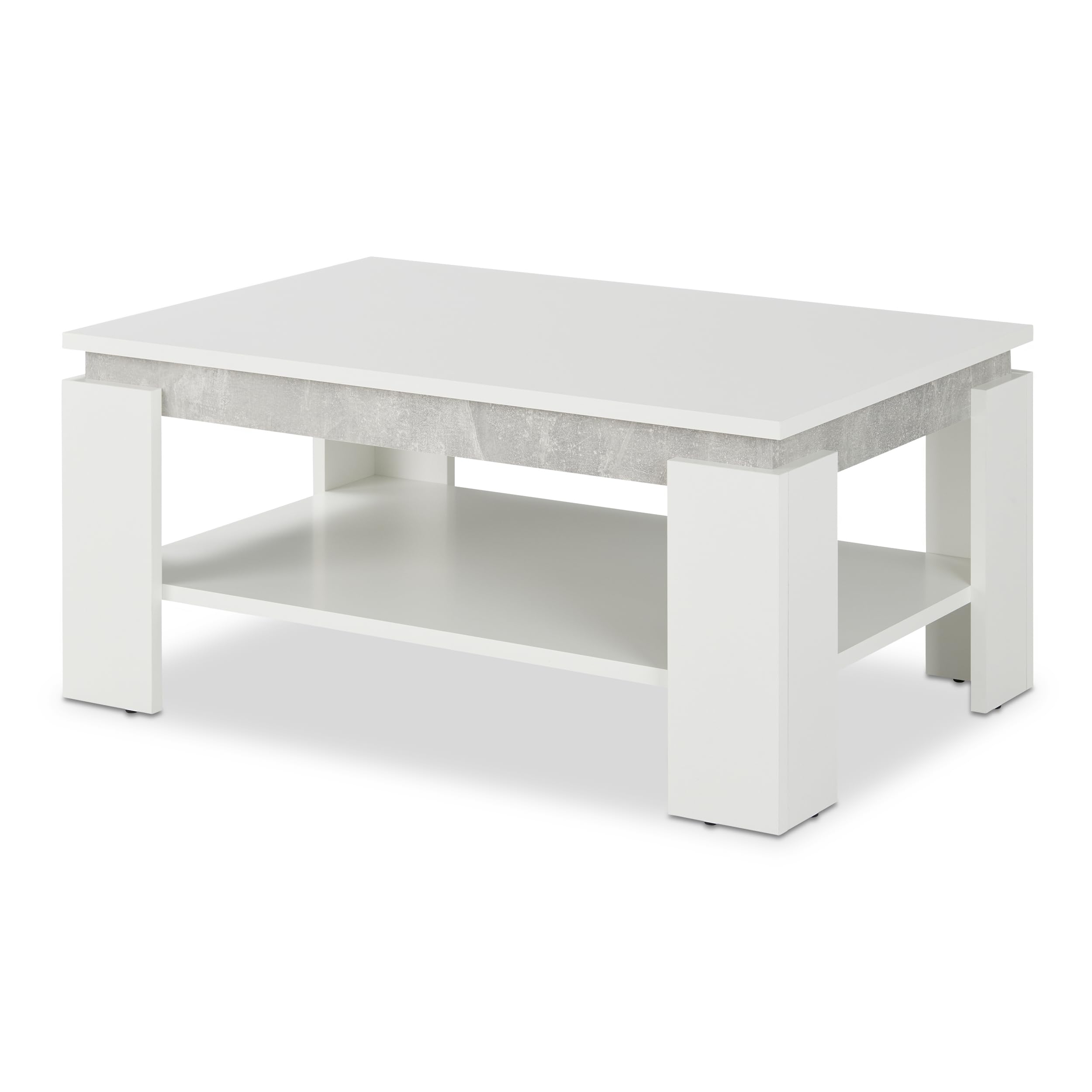 KHG Couchtisch weiß Rechteckig, Ablagefach in Beton-Optik, für Wohnraum | Holzwerkstoff foliert, Sofatisch fürs Wohnzimmer, 25 kg belastbar, 90x60x41 cm, stabil und pflegeleicht, für Zuhause