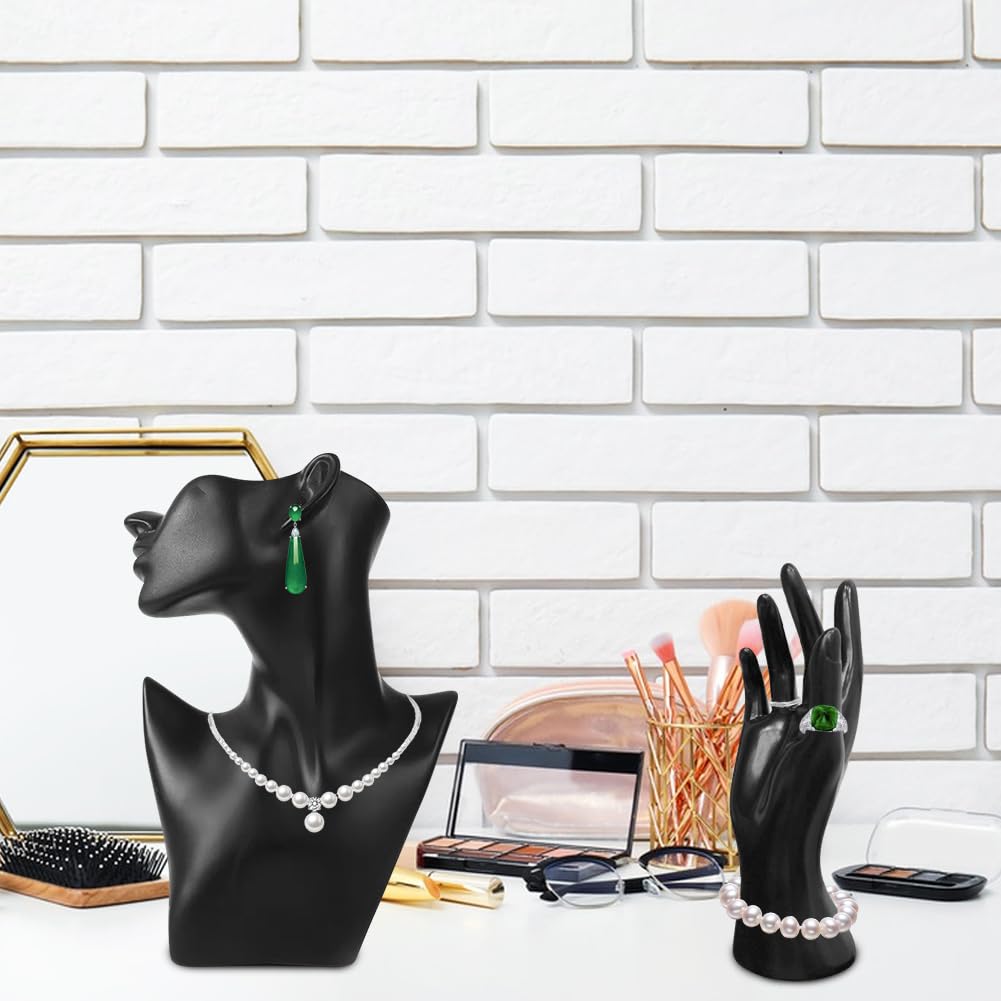 Lot de 2 présentoirs à bijoux pour tête de buste, boucles d'oreilles, mannequin, main, bracelet, bague - Noir